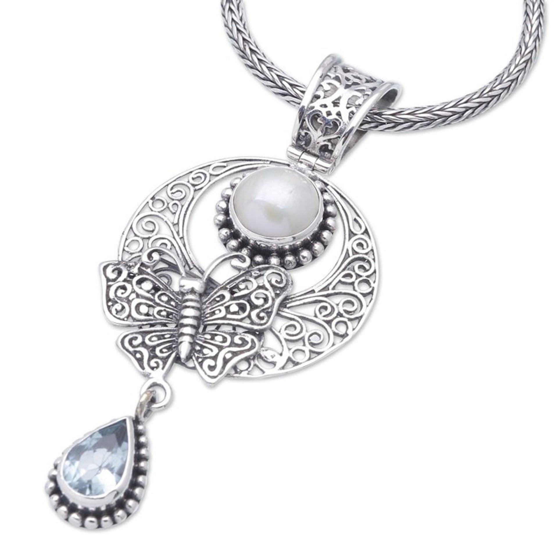 Sterling Silver Pendant Necklace with Blue Topaz and Pearl 'Blue Butterfly Teardrop'