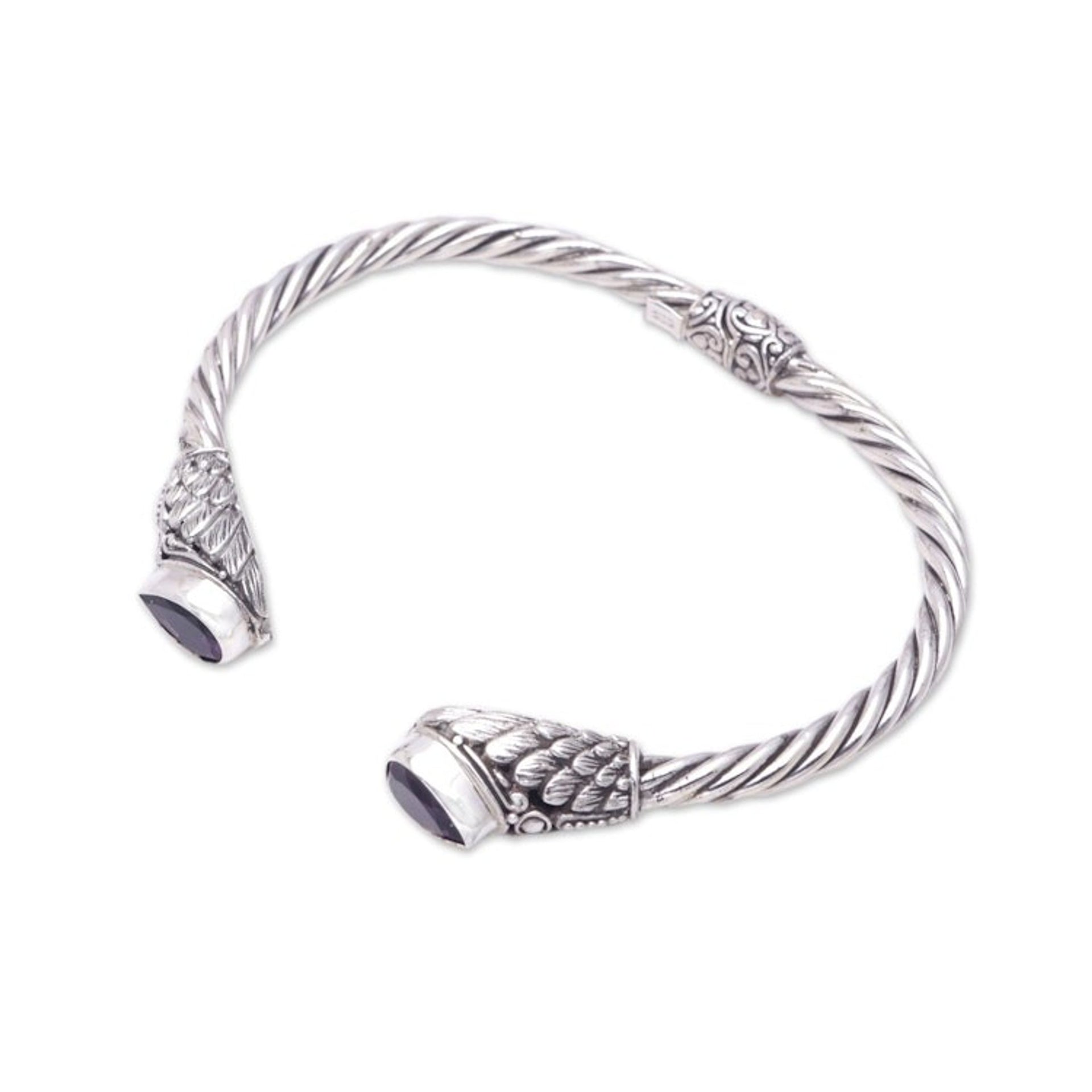 Sterling Silver Cuff Bracelet with Amethyst Stones 'Stylish Amethyst Feathers'