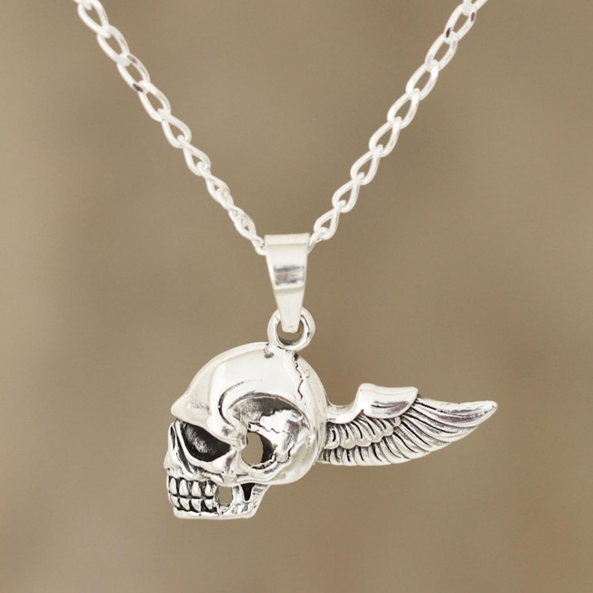 Men's Sterling Silver Winged Skull Necklace from India 'Skull Flight'