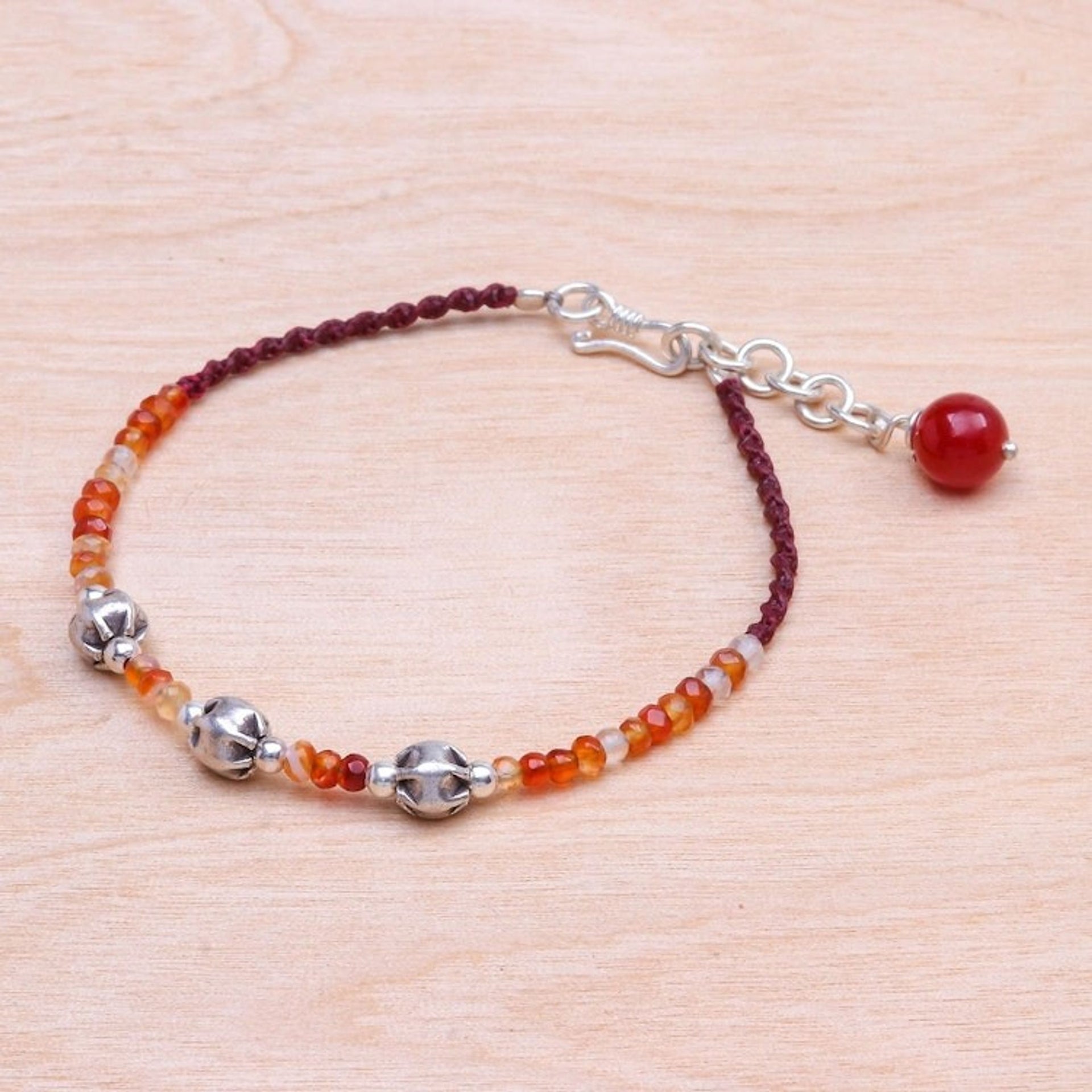 Carnelian Beaded Cord Bracelet with Karen Silver Beads 'Sunny Days Ahead'