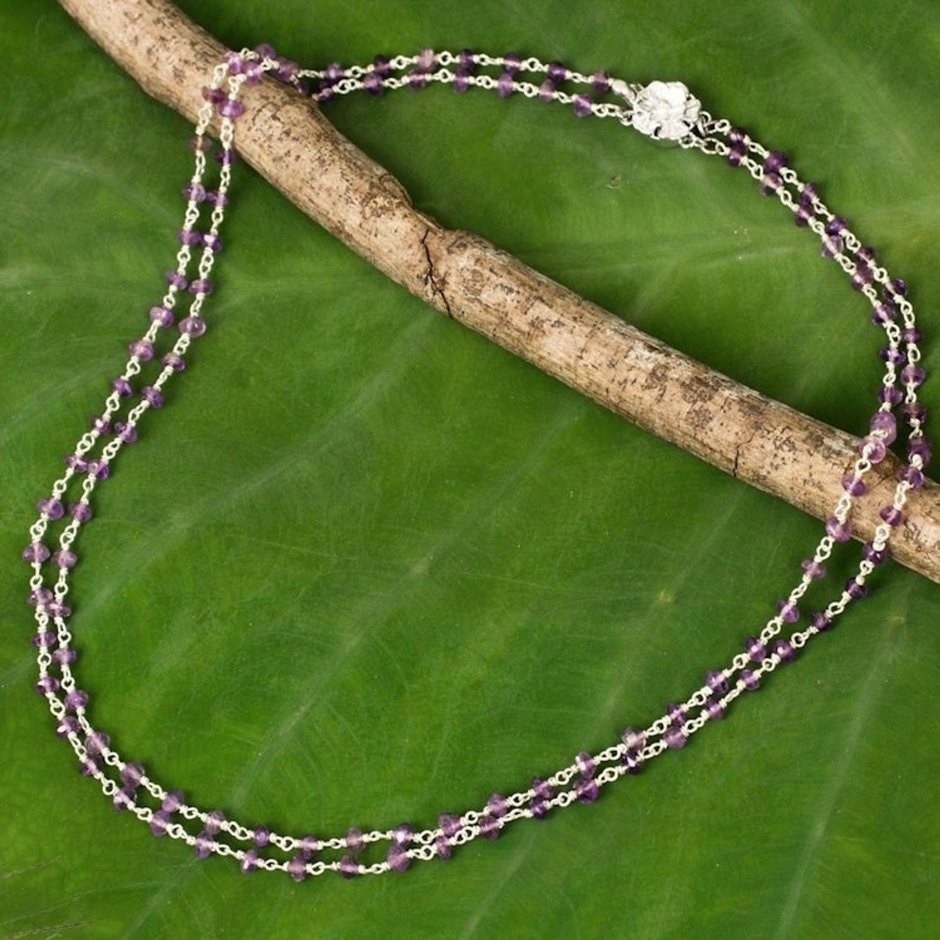 Amethyst Strand Necklace with Flower Clasp Artisan Jewelry 'Regal Water Lily'