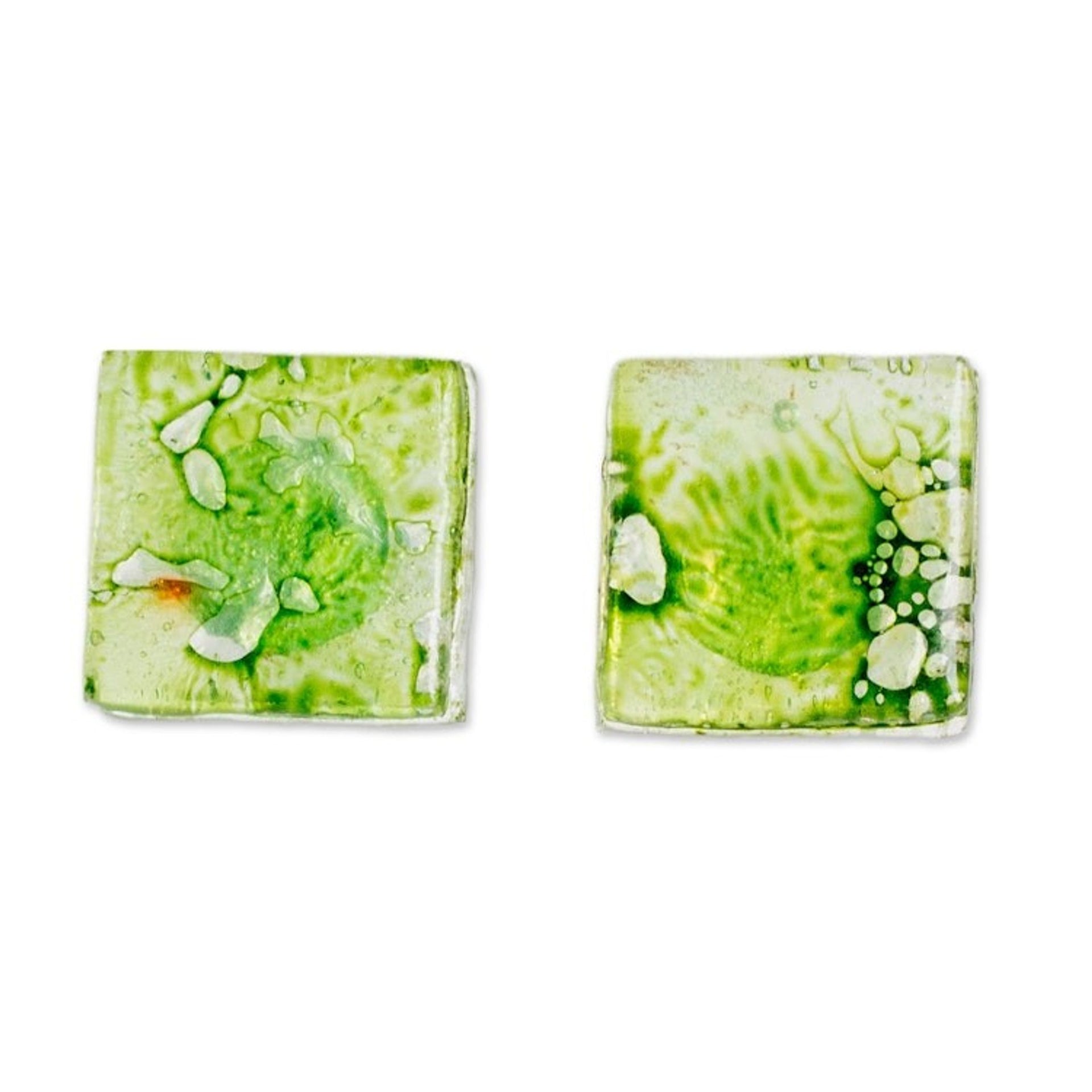 Eco-Friendly Geometric Green Recycled CD Button Earrings 'Bubble Vision in Green'