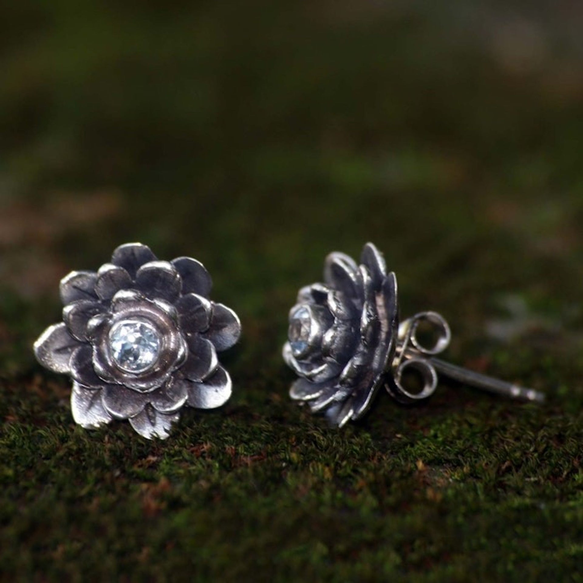 Sterling Silver and Blue Topaz Button Earrings 'Blue-Eyed Lotus'