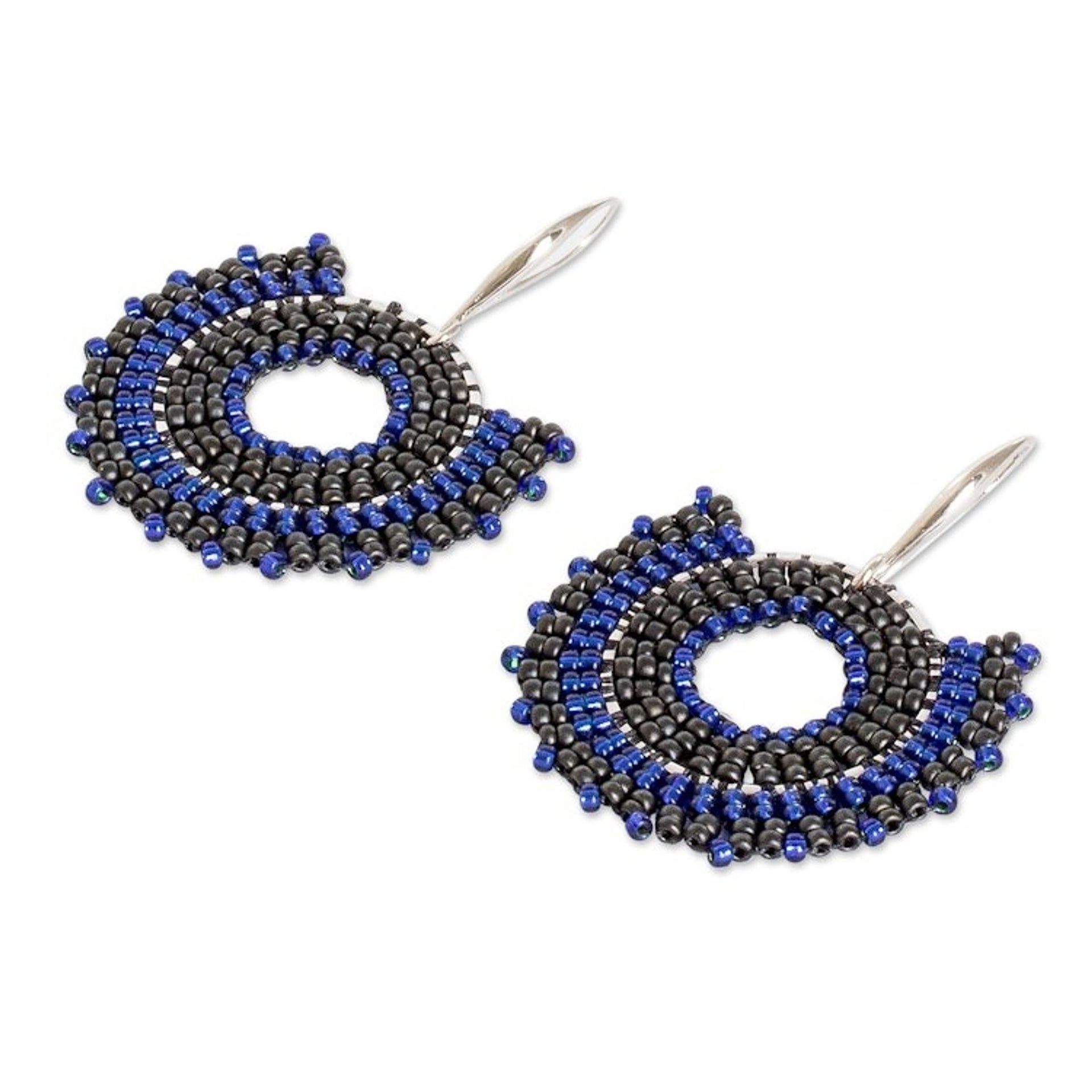 Blue and Black Glass Beaded Dangle Earrings on Steel Hooks 'Blue and Black Moon'
