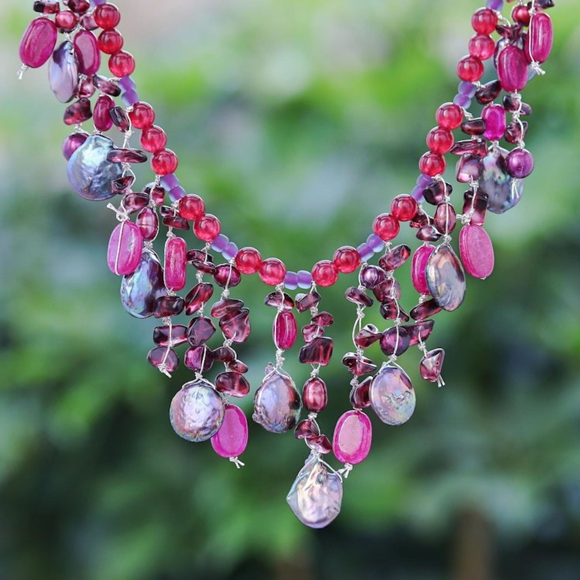 Thai Cultured Pearl and Garnet Waterfall Necklace 'Sugar Berry'