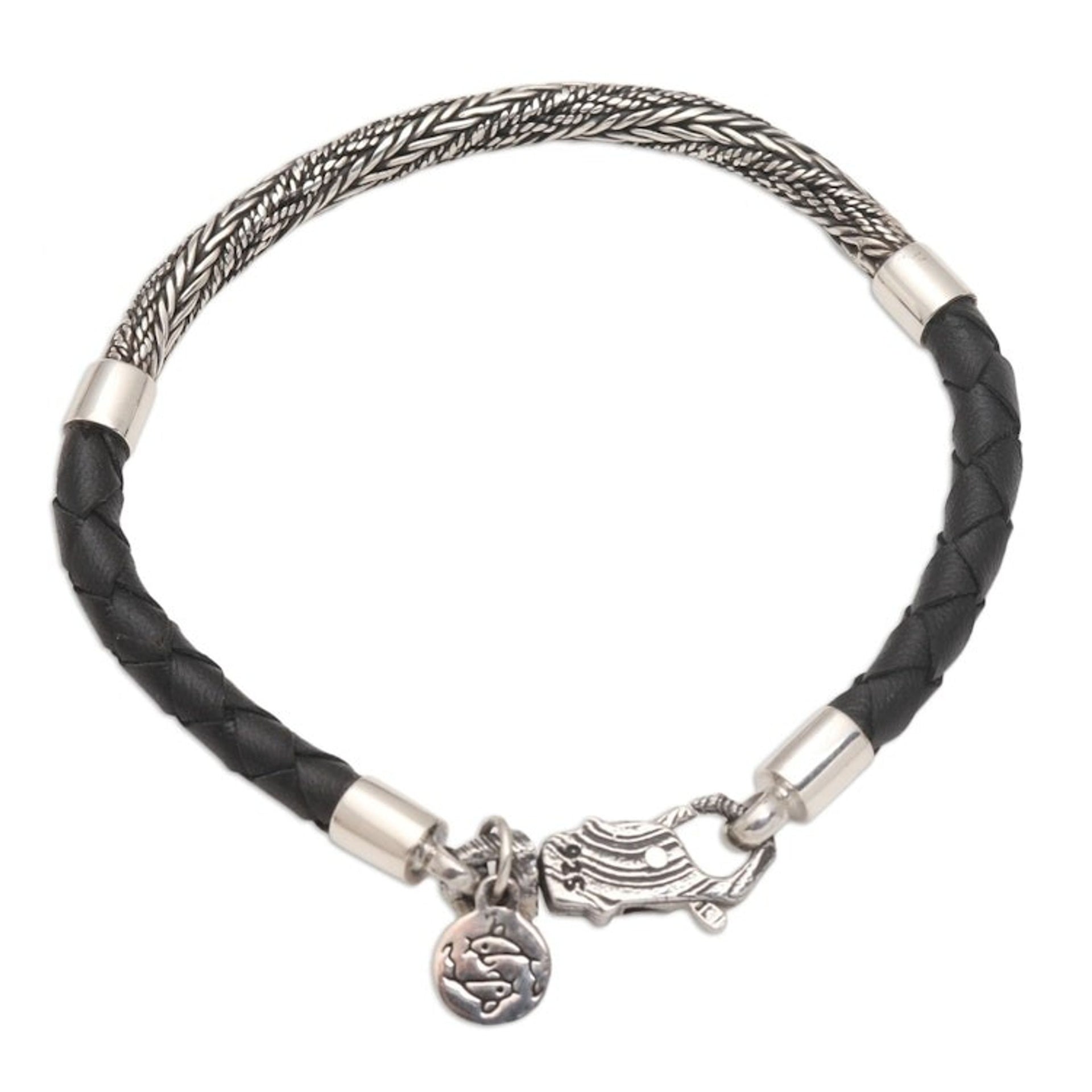 Hand Made Sterling Silver and Leather Braided Charm Bracelet 'Fish Symmetry'