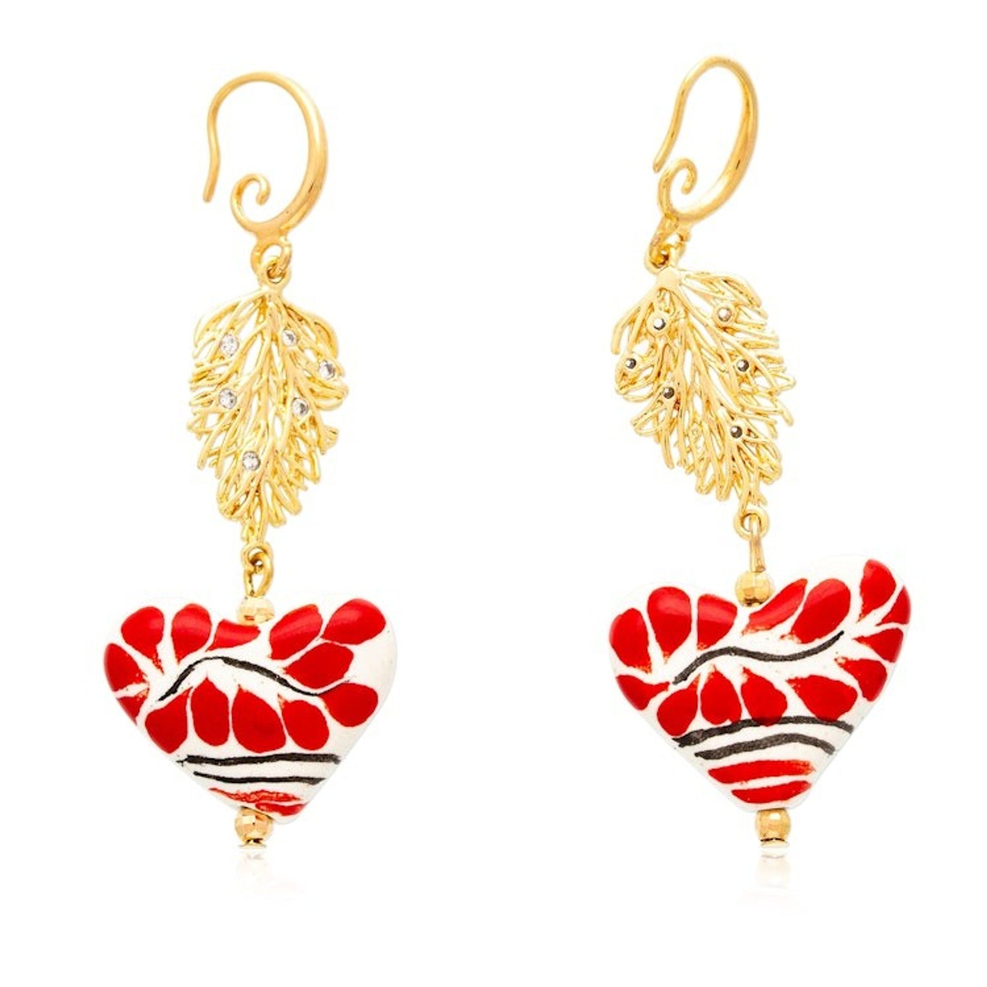 14k Gold-Accented Leaf Heart-Shaped Ceramic Dangle Earrings 'Talavera Romance'