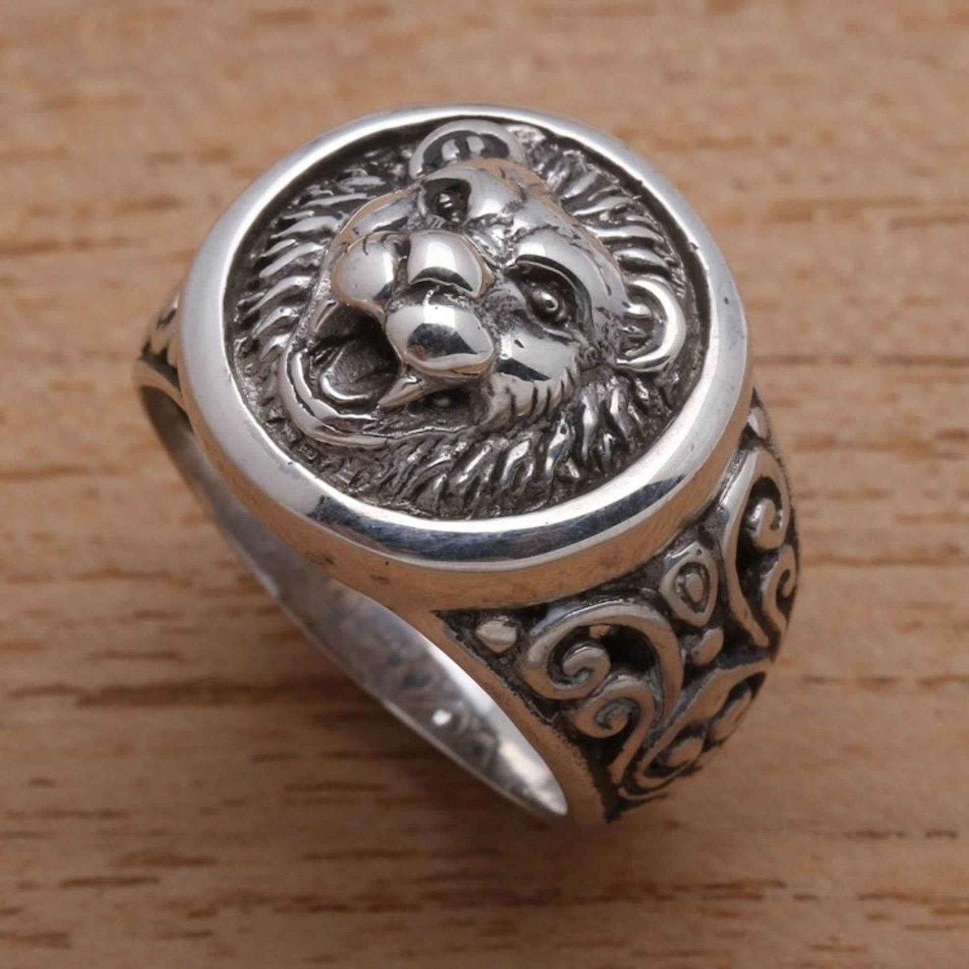 Men's Sterling Silver Lion Ring from Bali 'Lion Strength'