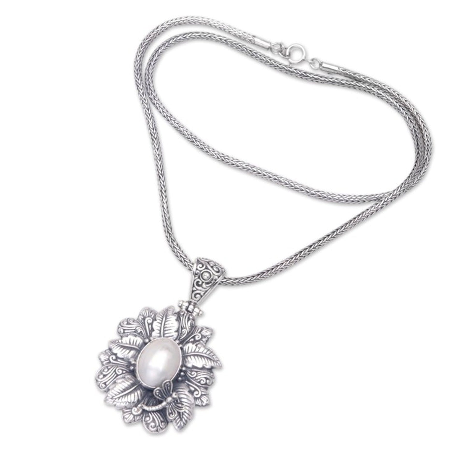 Floral Cultured Pearl Pendant Necklace from Bali 'Pearly Nature of Bali'