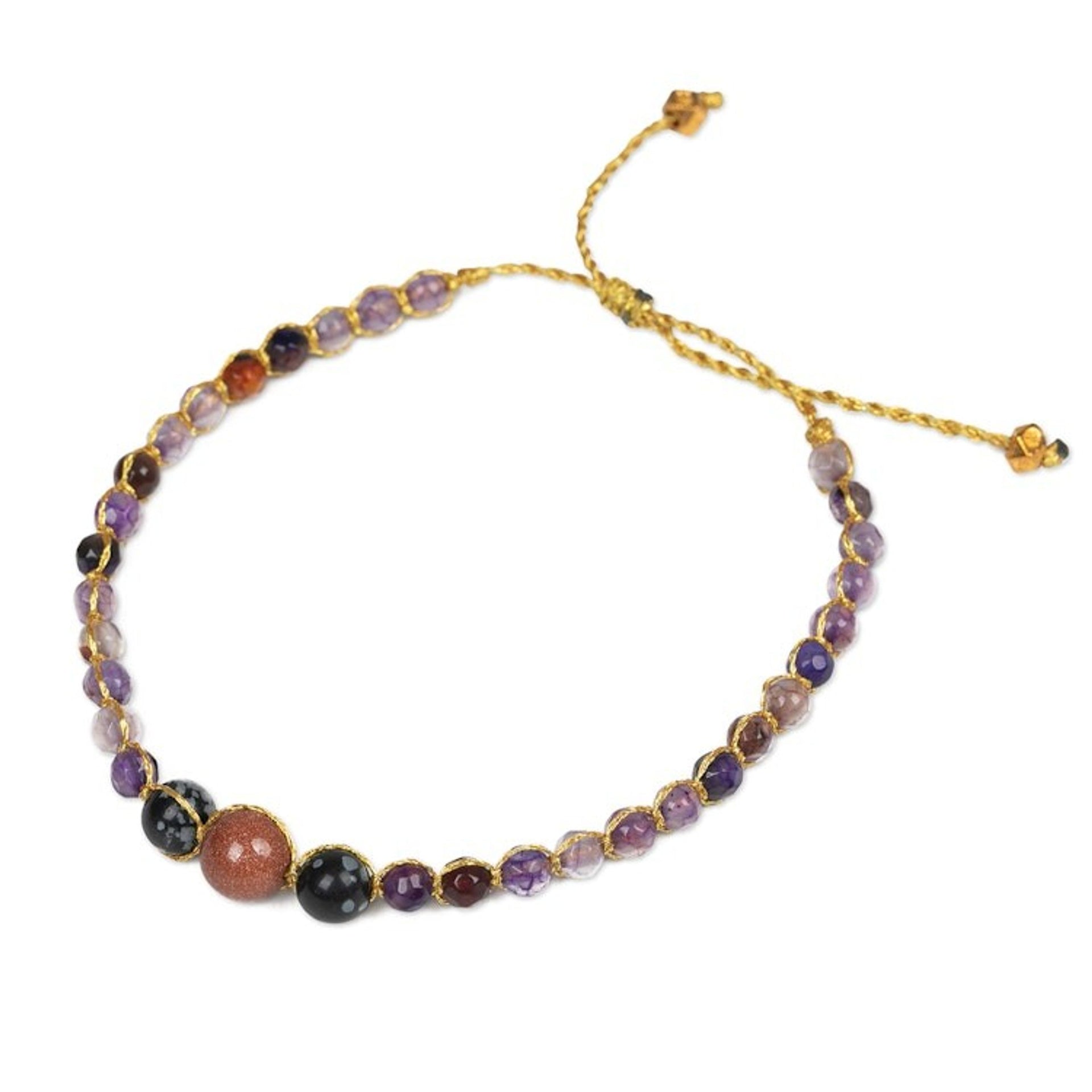 Amethyst and Obsidian Beaded Bracelet with Golden Accents 'Sagacious Mind'