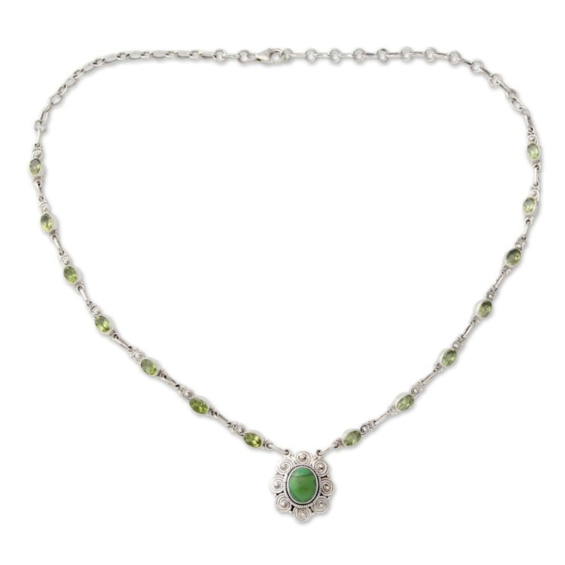 Peridot and Silver 925 Necklace with Composite Turquoise 'Woodland Halo'