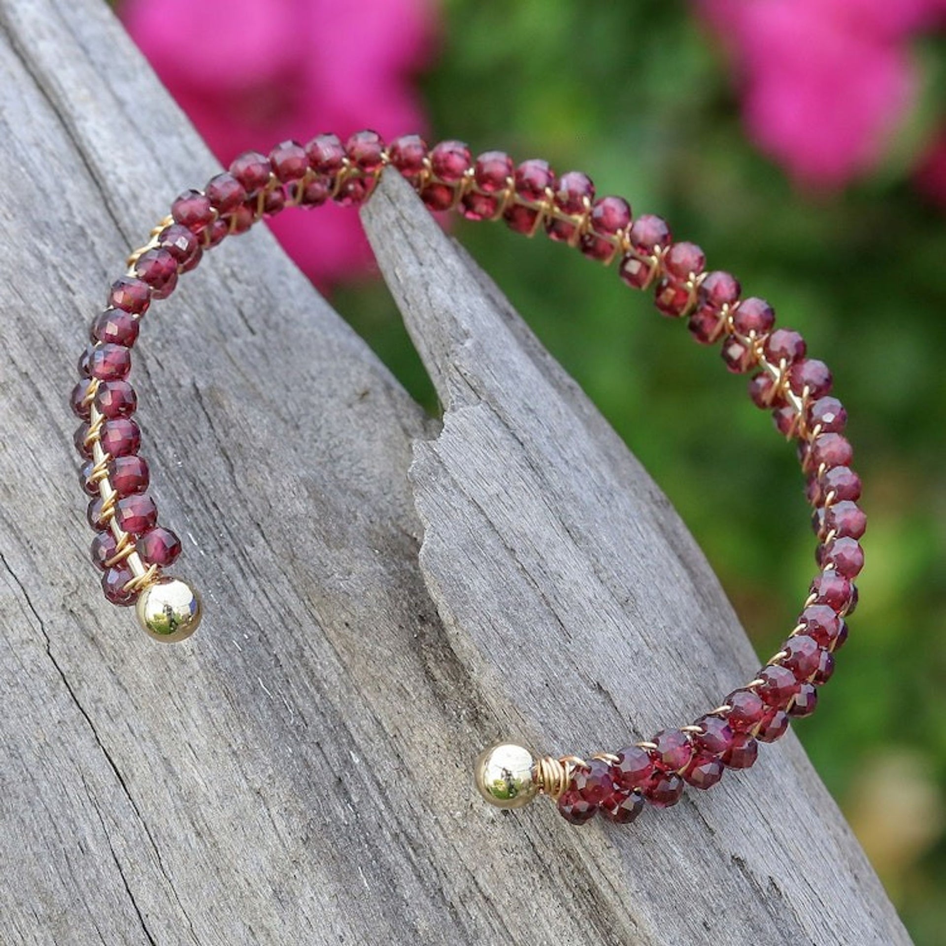 Garnet Beaded Polished 14k Gold-Accented Cuff Bracelet 'Red Lively Colors'