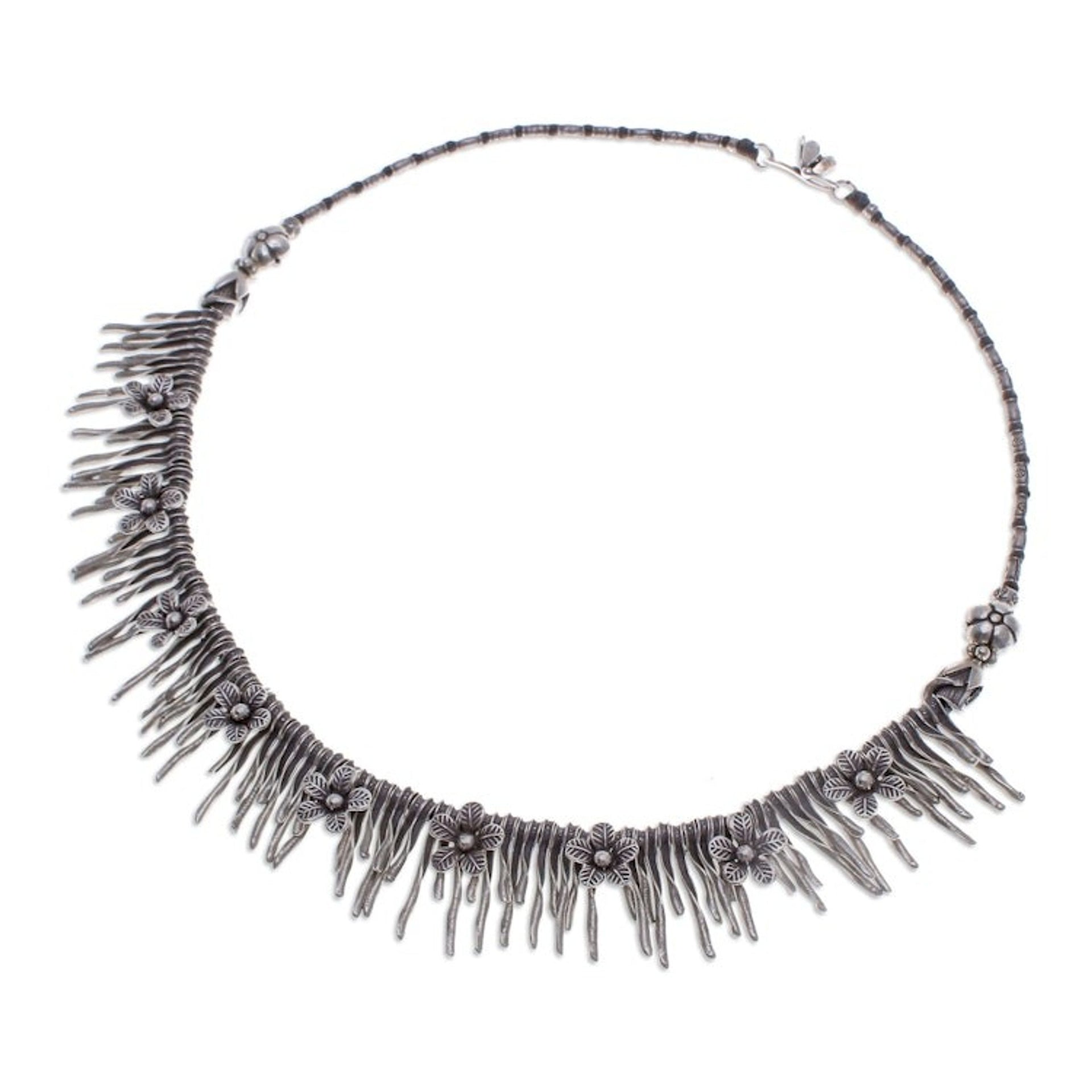 Spring-Themed Oxidized Sterling Silver Waterfall Necklace 'Blooming Cascade'