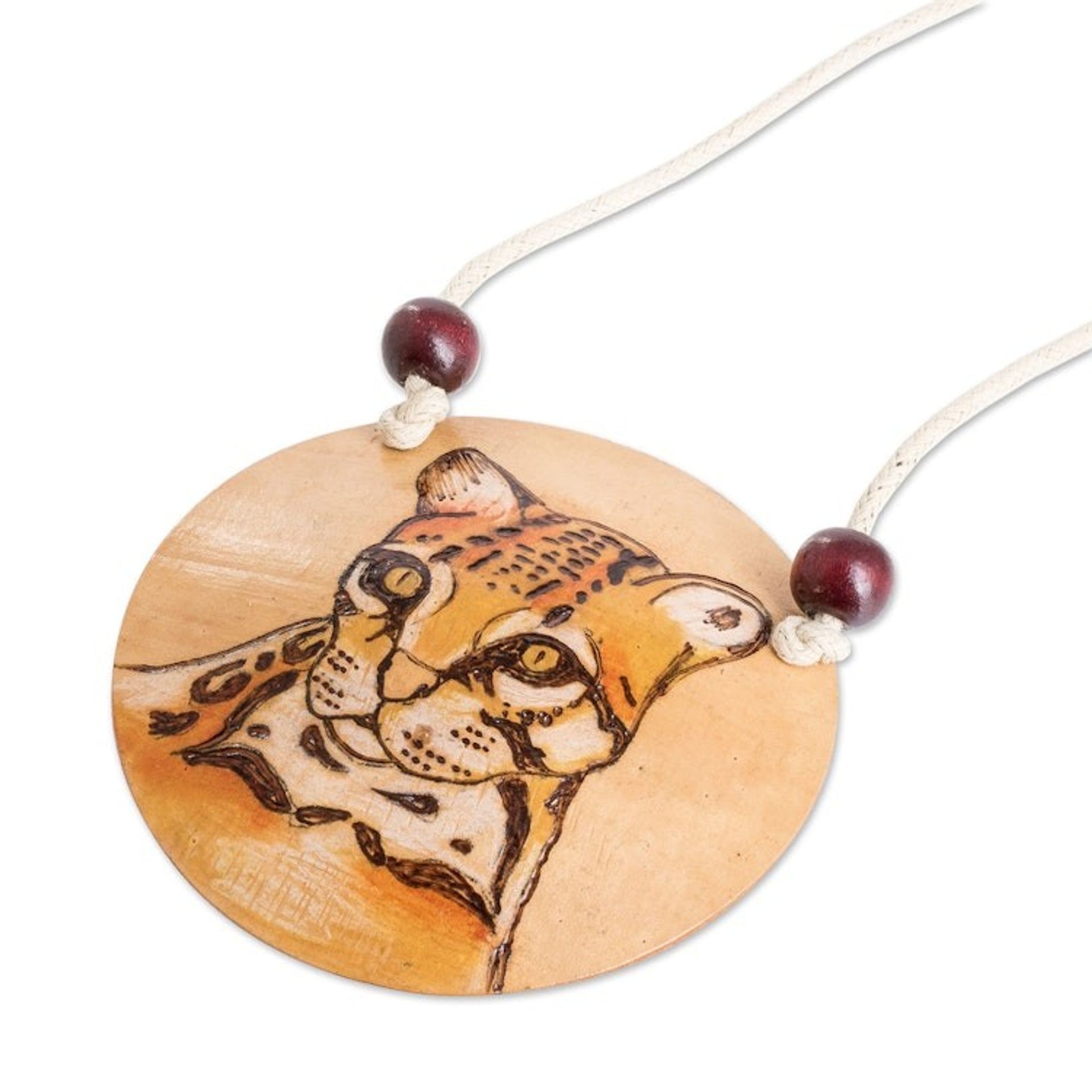 Hand-Painted Calabash Gourd Ocelot Pendant Necklace 'Spirit Portrayal'