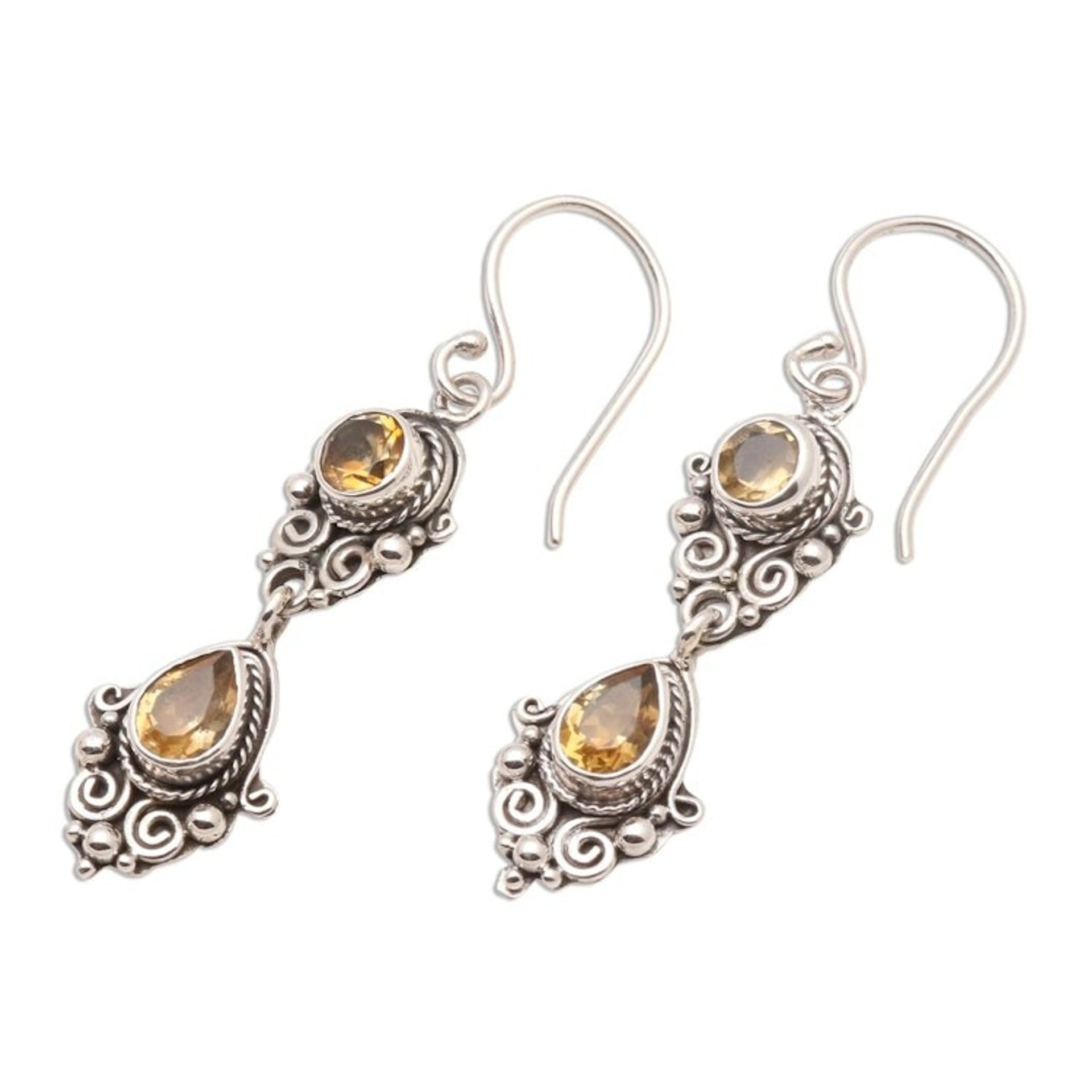 Balinese Style Citrine and Silver Dangle Earrings 'Traditional Ways'