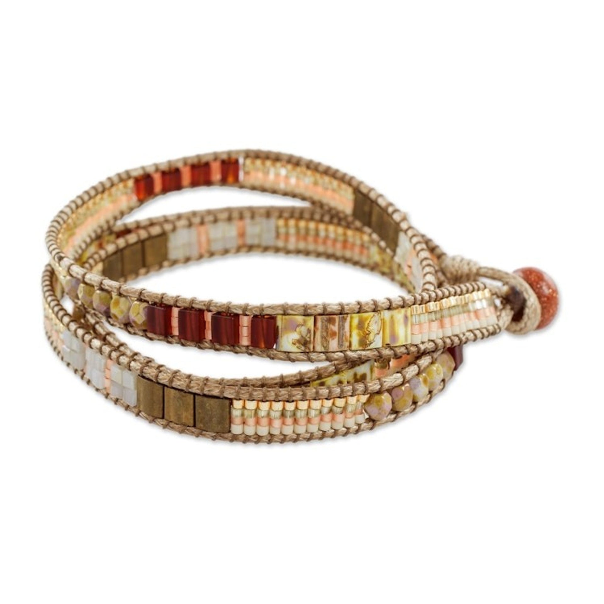 Aventurine Beaded Wrap Bracelet in Peach from Guatemala 'Mayan Architecture'