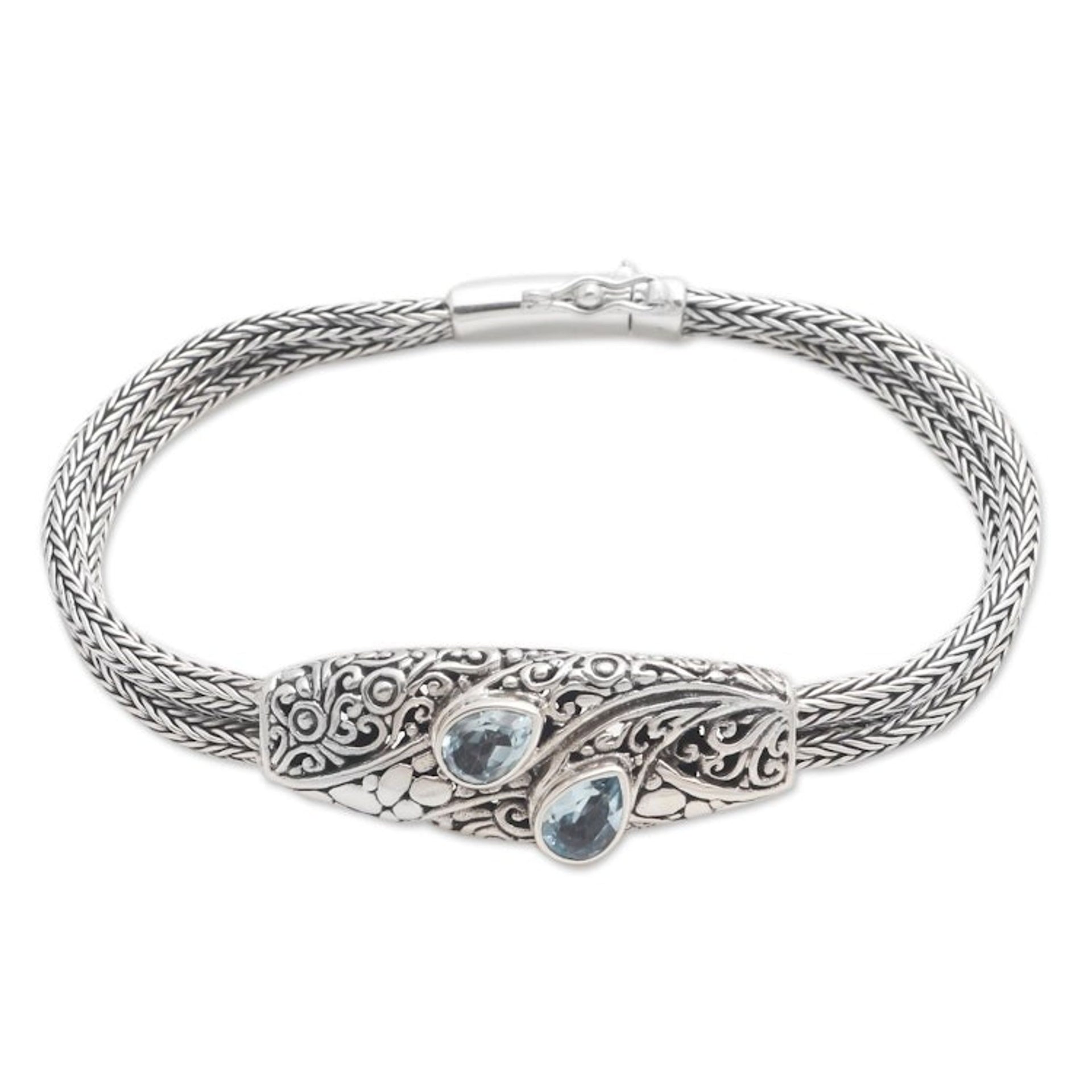 Balinese Sterling Silver Pendant Bracelet with Blue Topaz 'Two Pears'