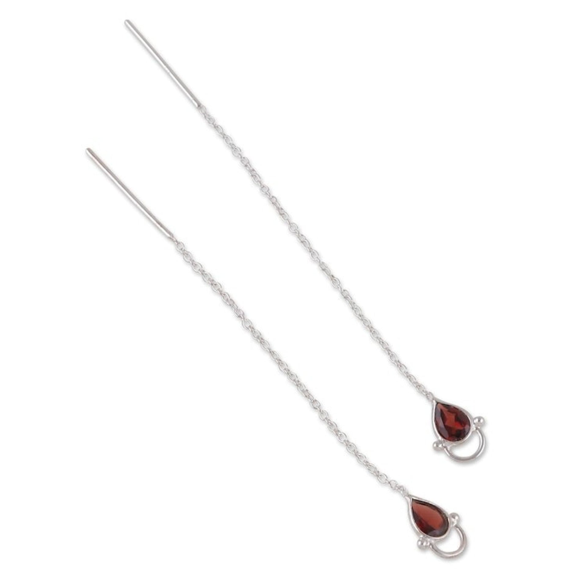 Sterling Silver Threader Earrings with 1-Carat Garnet Gems 'Romantic Charm'
