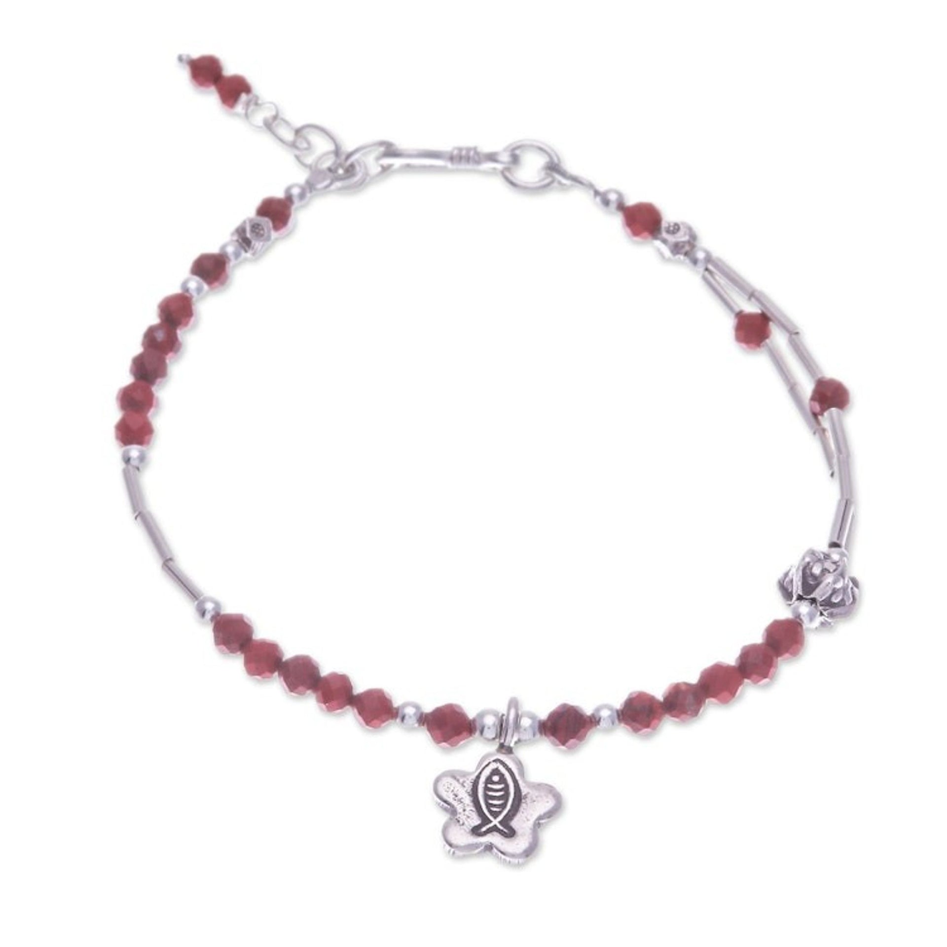 Two-Carat Jasper and Silver Beaded Fish Charm Bracelet 'Prosperous Strength'