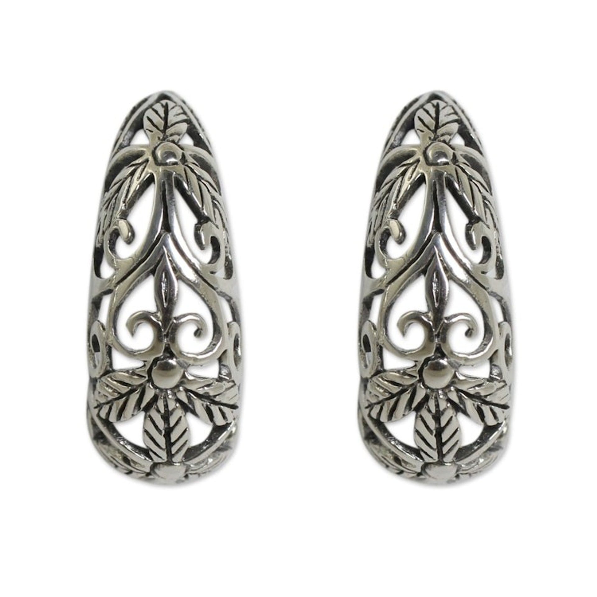 Artisan Crafted Openwork Sterling Silver Half Hoop Earrings 'Floral Fantasy'
