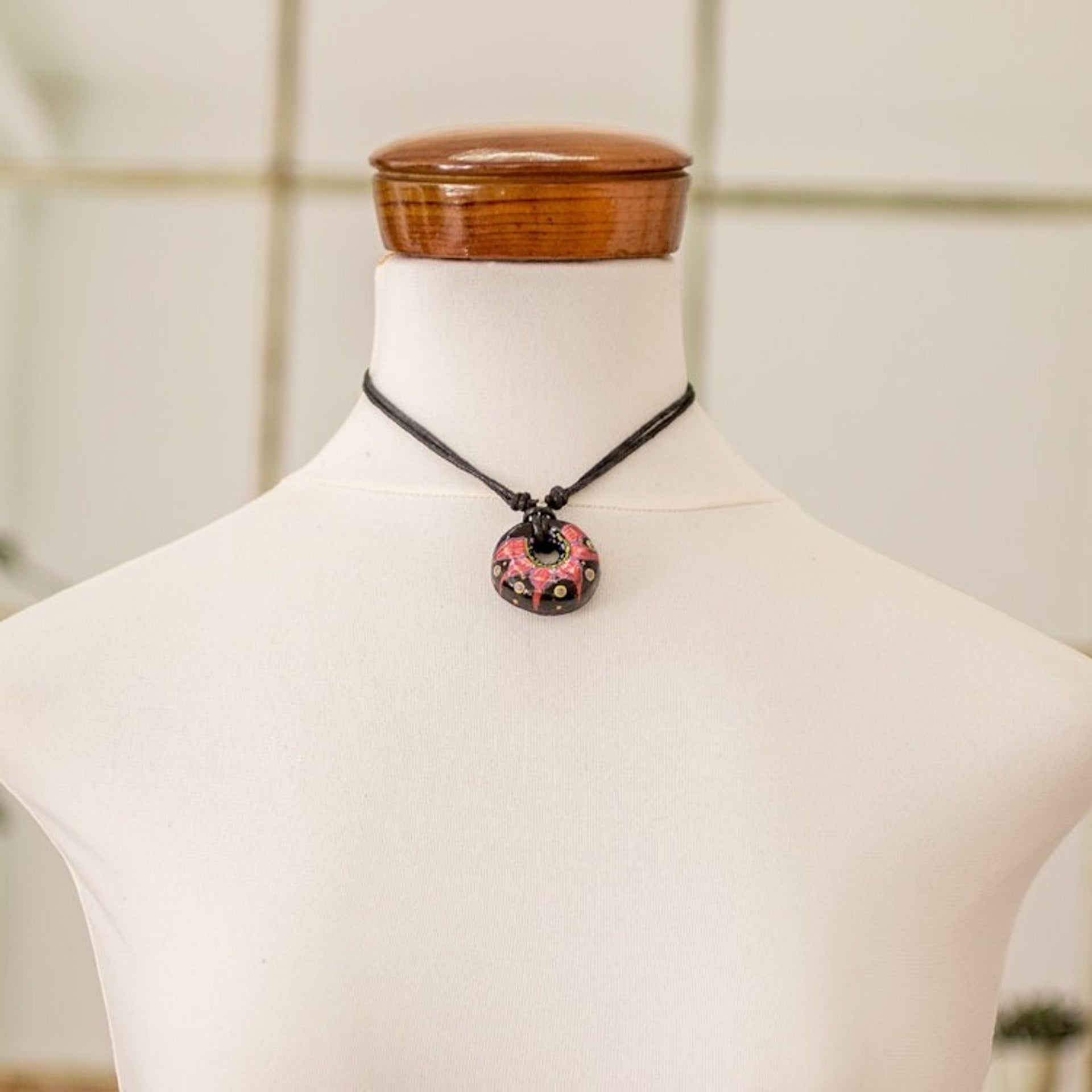 Floral Adjustable Painted Ceramic Pendant Necklace in Red 'Night's Red Grace'