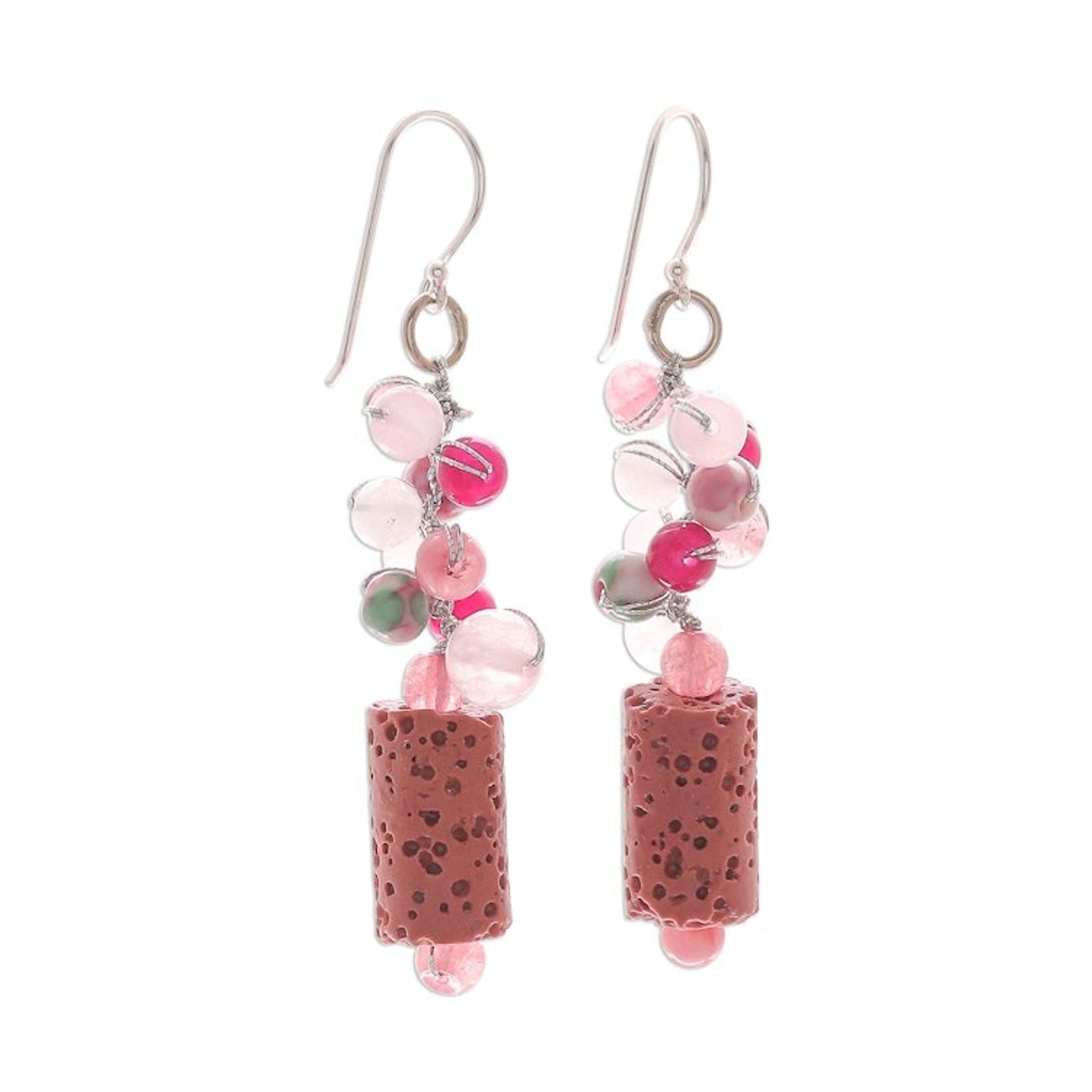 Pink Agate Quartz Bead Cluster Lava Stone Dangle Earrings 'Sweetness in Nature'