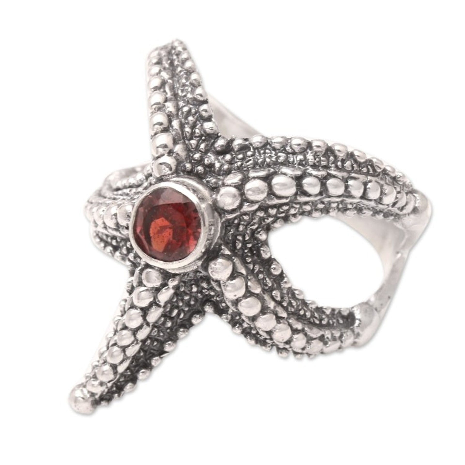 Garnet Sterling Silver Starfish Cocktail Ring from Bali 'Red Starfish'