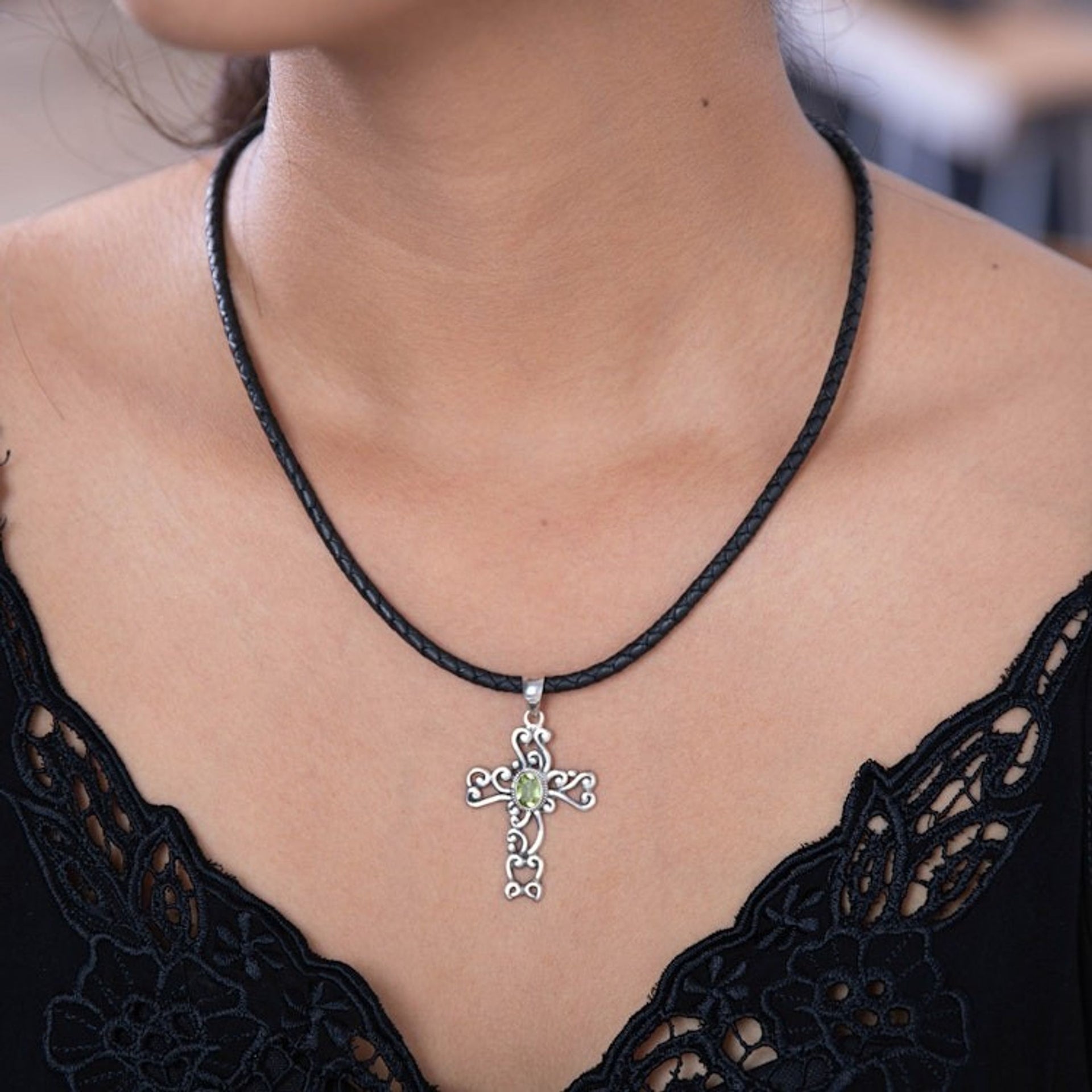 Handmade Religious Peridot Necklace 'Balinese Cross'