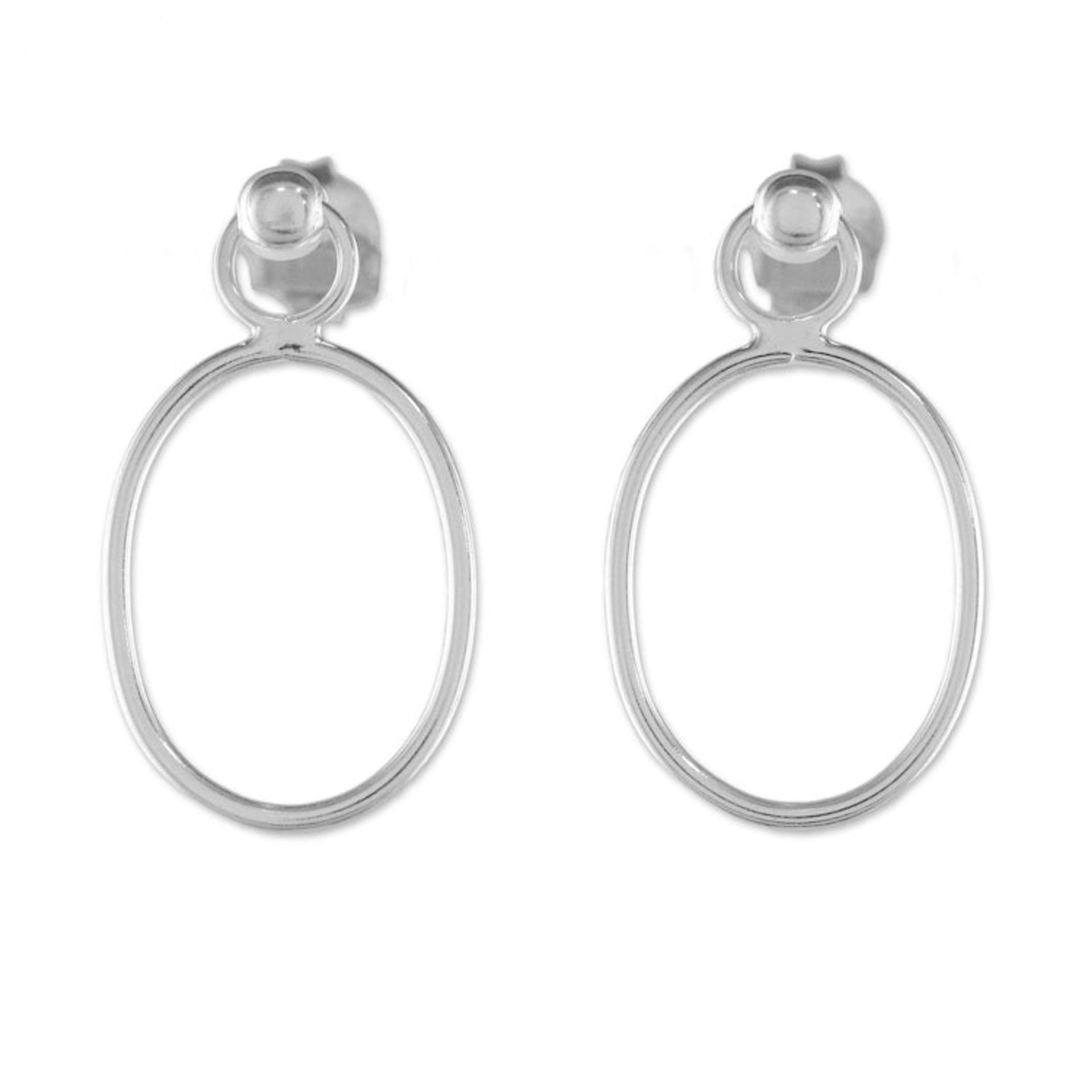 925 Sterling Silver Oval Frame Dangle Earrings with Posts 'Elegant Oval'
