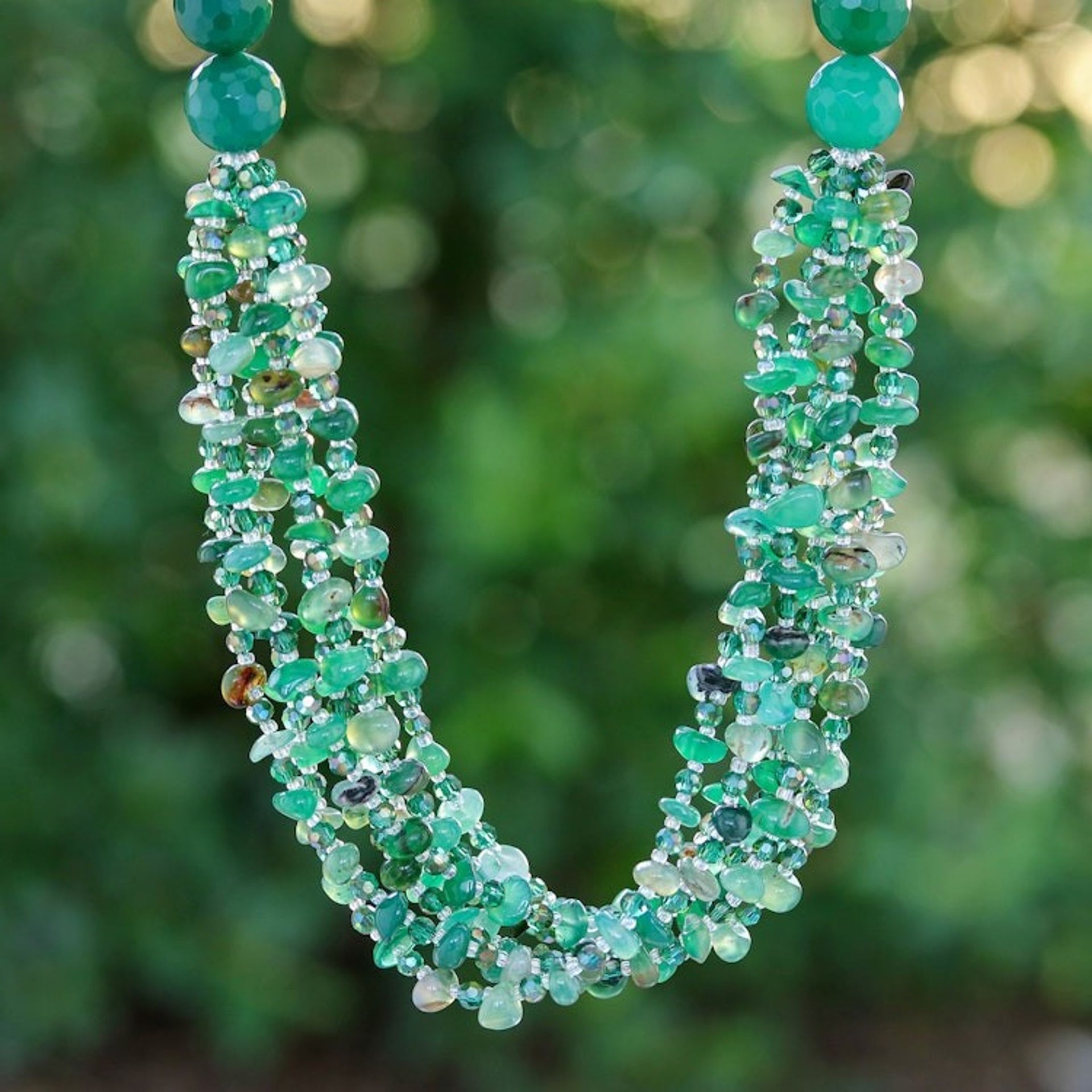 Green-Toned Chalcedony and Glass Beaded Strand Necklace 'Thoughtful Jewels'