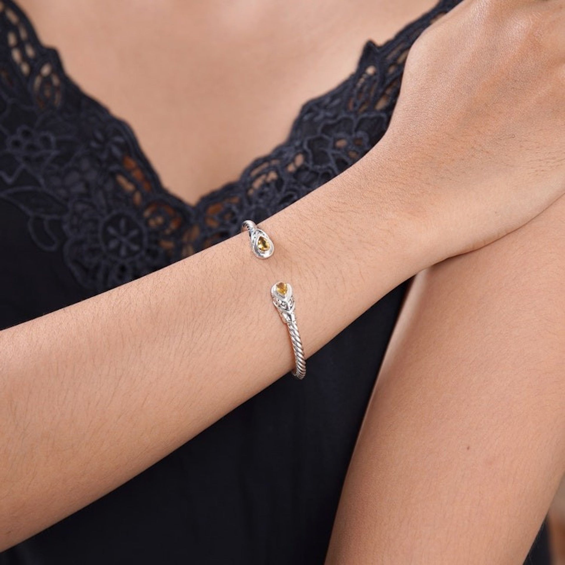 Balinese Sterling Silver Cuff Bracelet with Citrine Gems 'Success Fates'