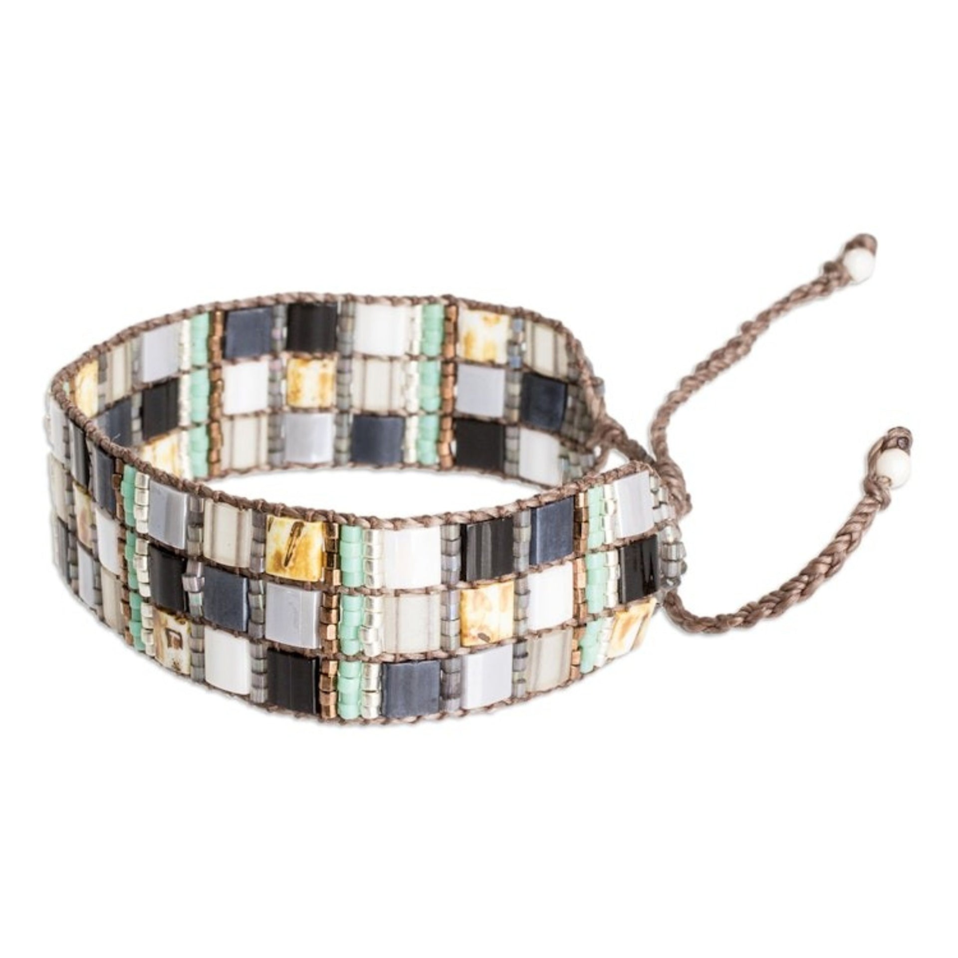 Adjustable Black Grey Mosaic Glass Beaded Wristband Bracelet 'Regal Reflections'