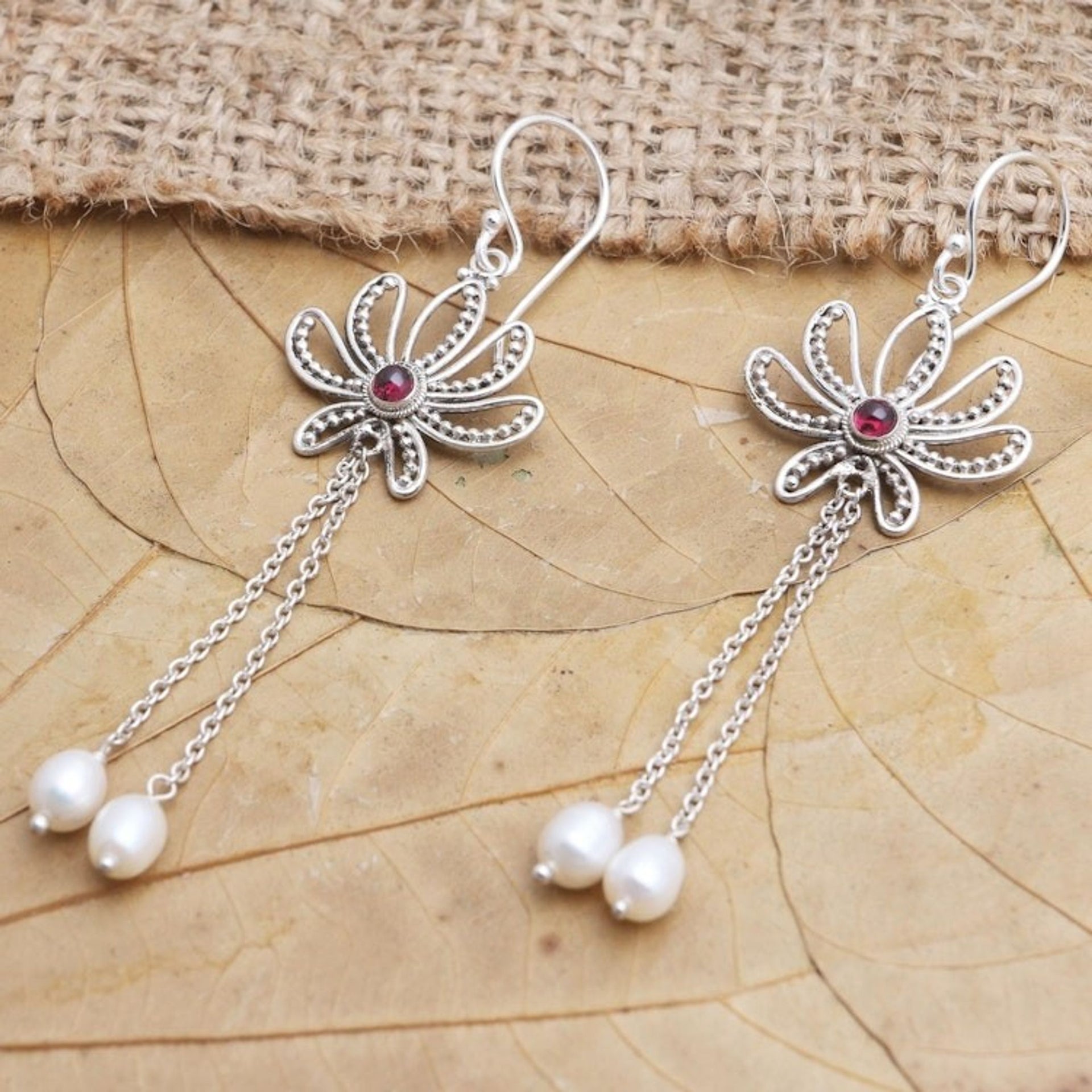 Handcrafted Cultured Pearl and Garnet Dangle Earrings 'Passionate Lotus'