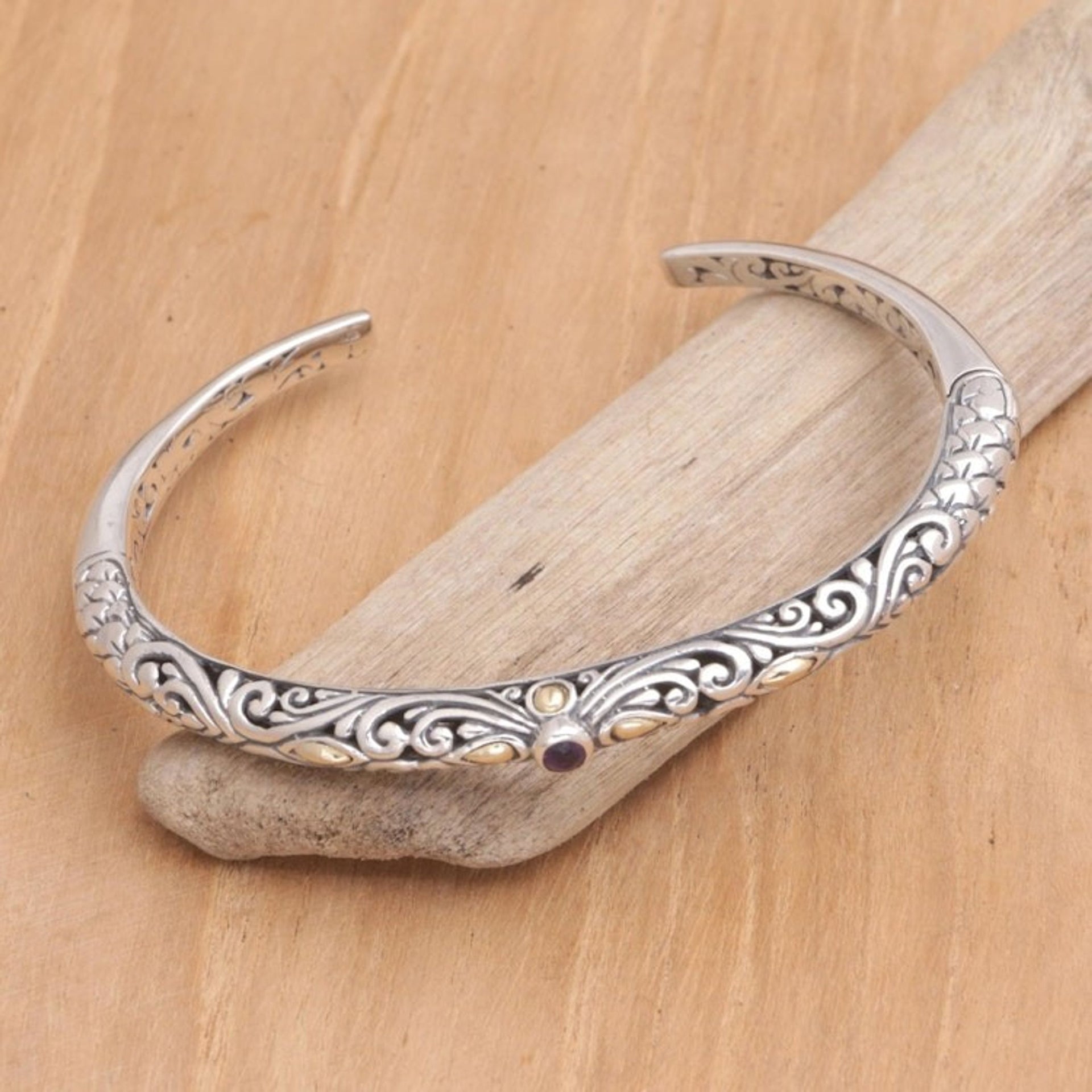 Handmade Balinese Gold Plate Accented Amethyst Cuff Bracelet 'Violet Woman'