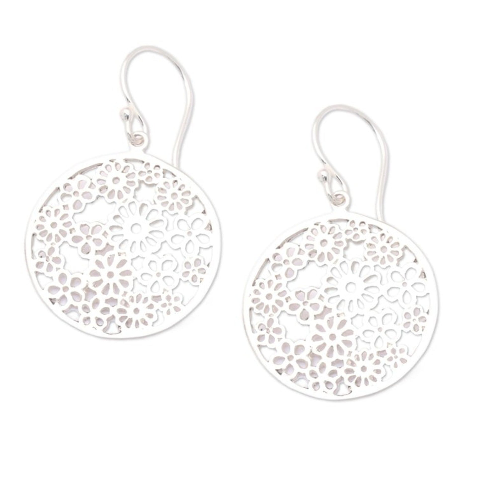 Polished Round Floral Sterling Silver Dangle Earrings 'Radiant Day'