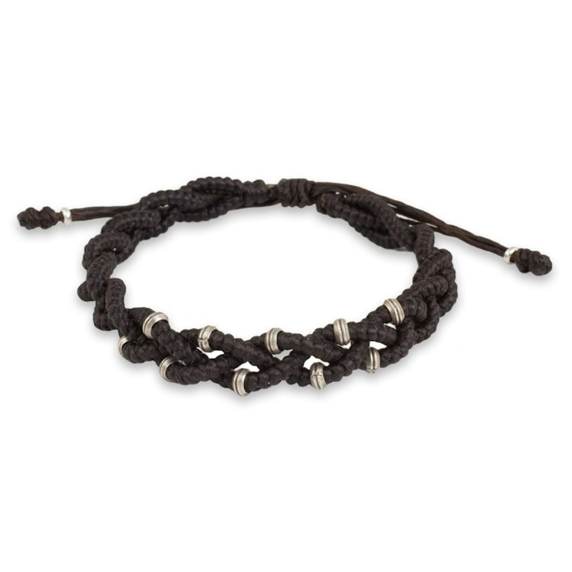 Braided Macrame Bracelet in Espresso Brown with Silver 950 'Brown Hill Tribe Bride'
