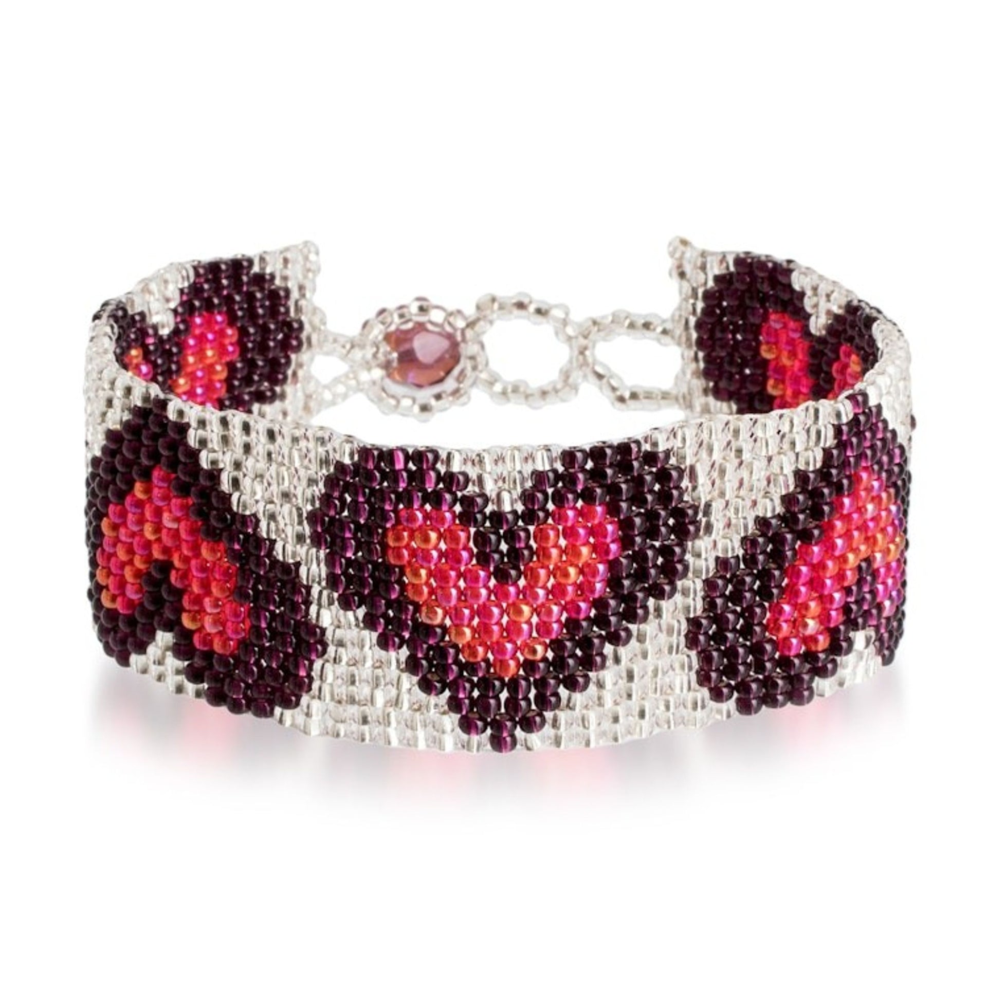 Handmade Red Purple Silver-Hued Heart-Themed Beaded Bracelet 'Purple Queen of Hearts'