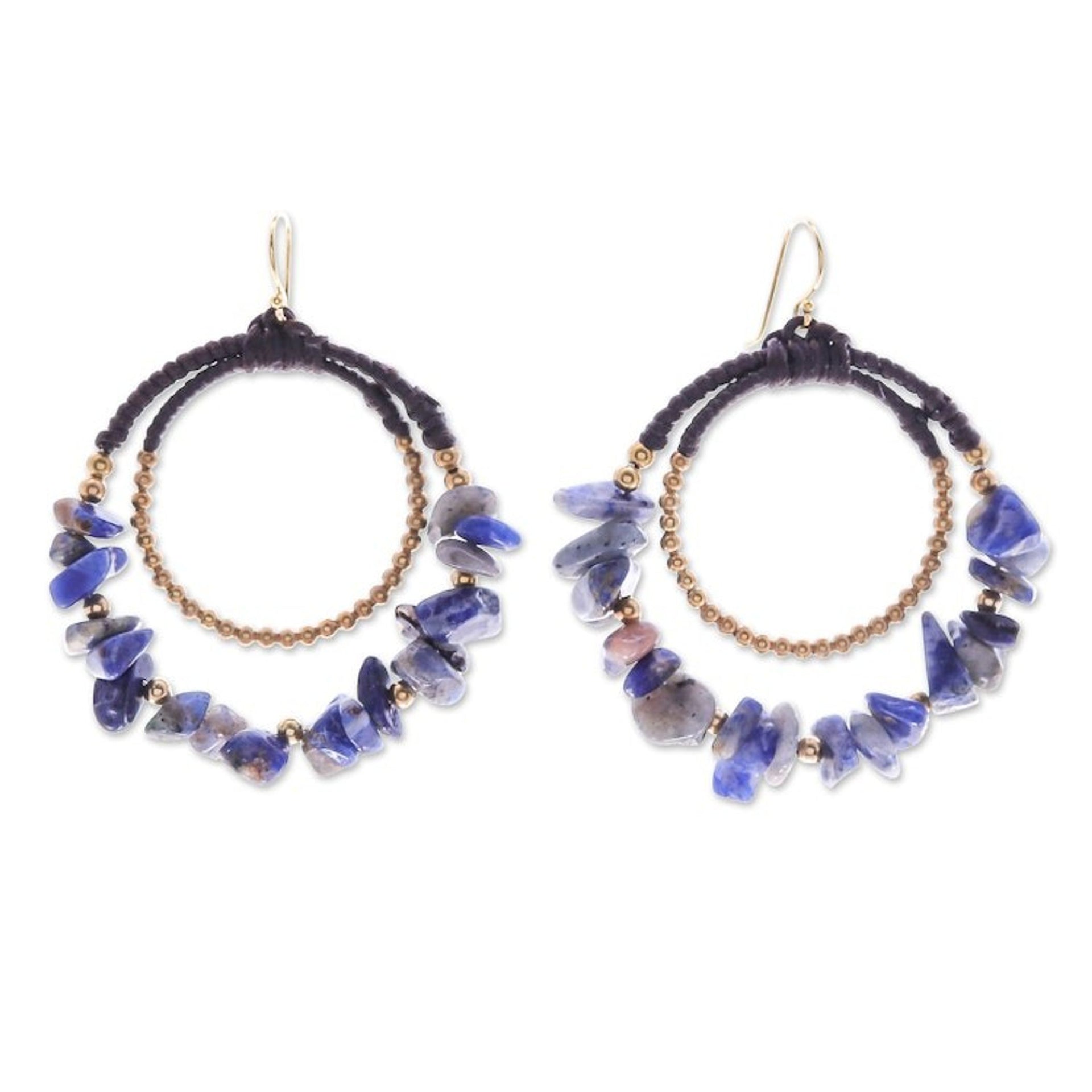Polished Brass and Sodalite Beaded Dangle Earrings 'True Goddess'