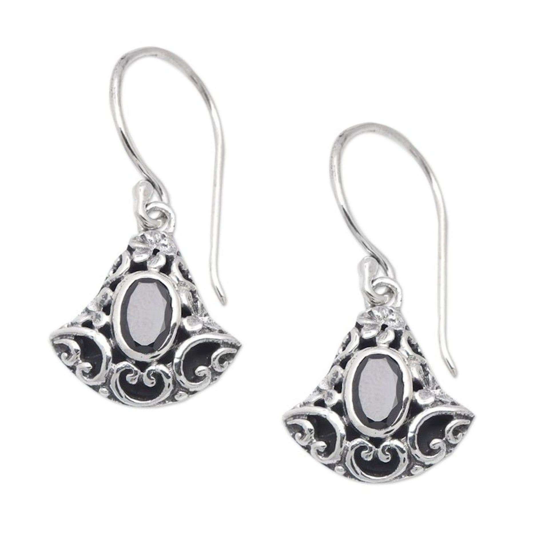 Traditional Faceted Onyx Dangle Earrings Made in Bali 'Mystery Lanterns'