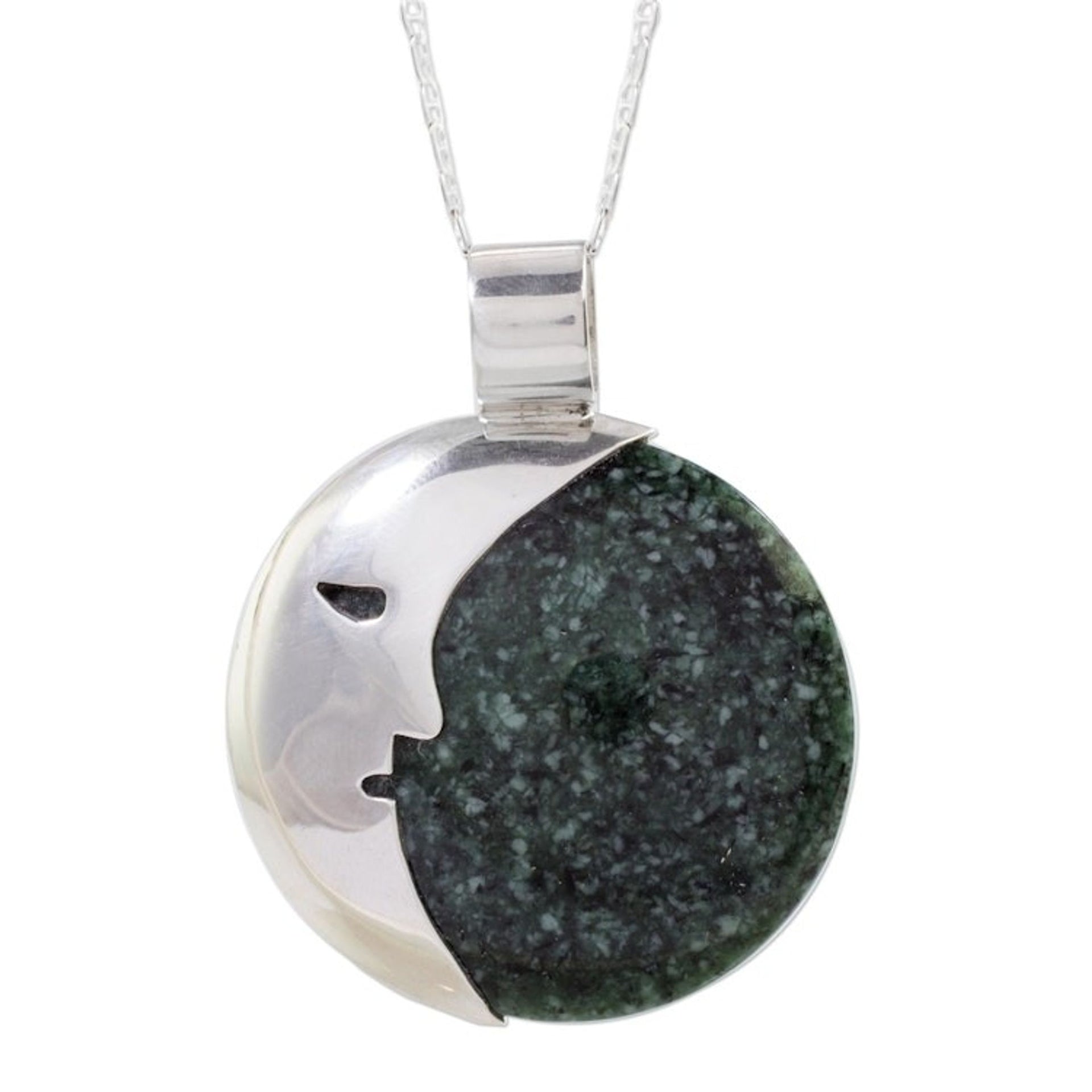 Guatemalan Jade Crescent Moon Pendant Necklace 'Face of the Moon in Dark Green'