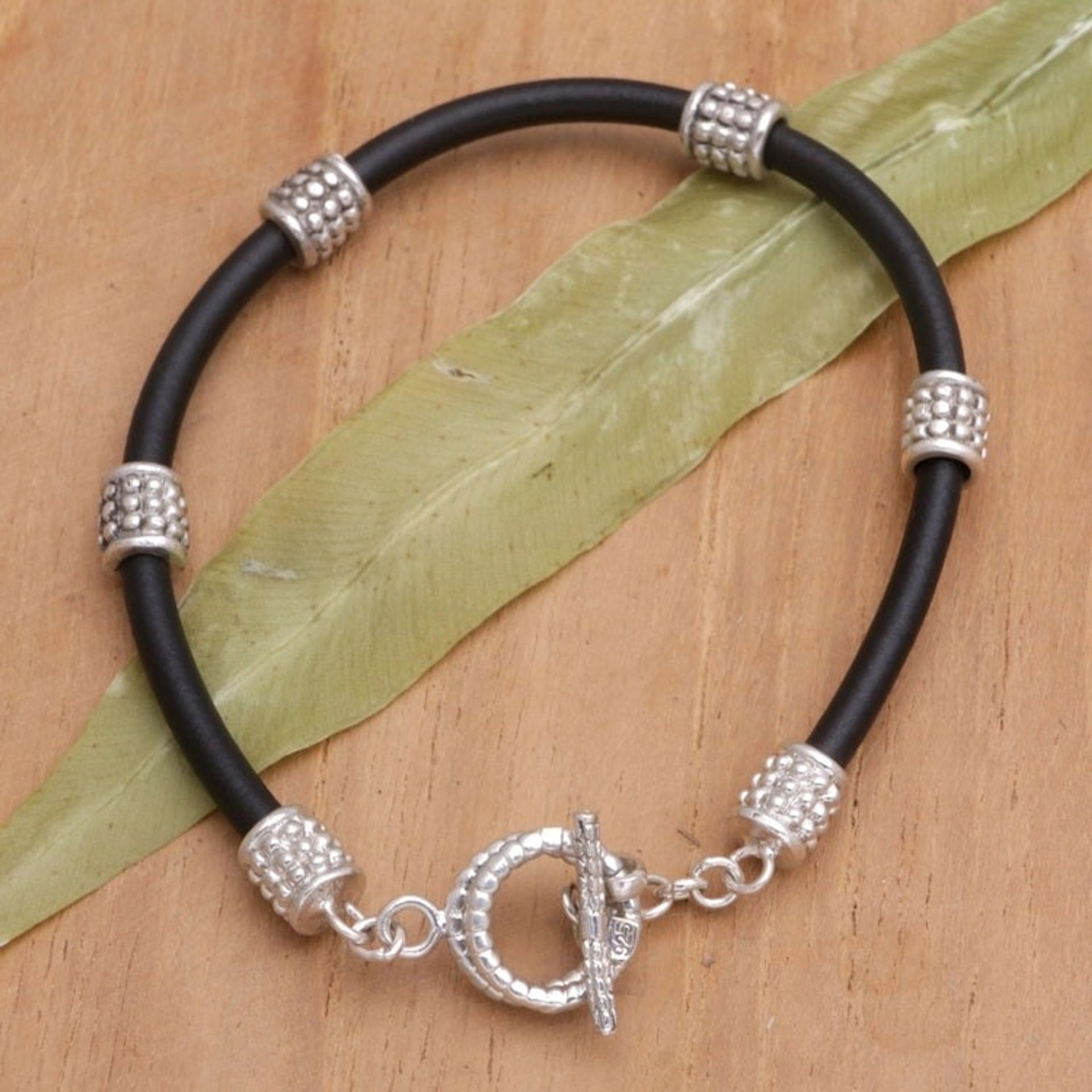 Balinese Black Cord Bracelet with Sterling Silver Beads 'Charming Elegance'