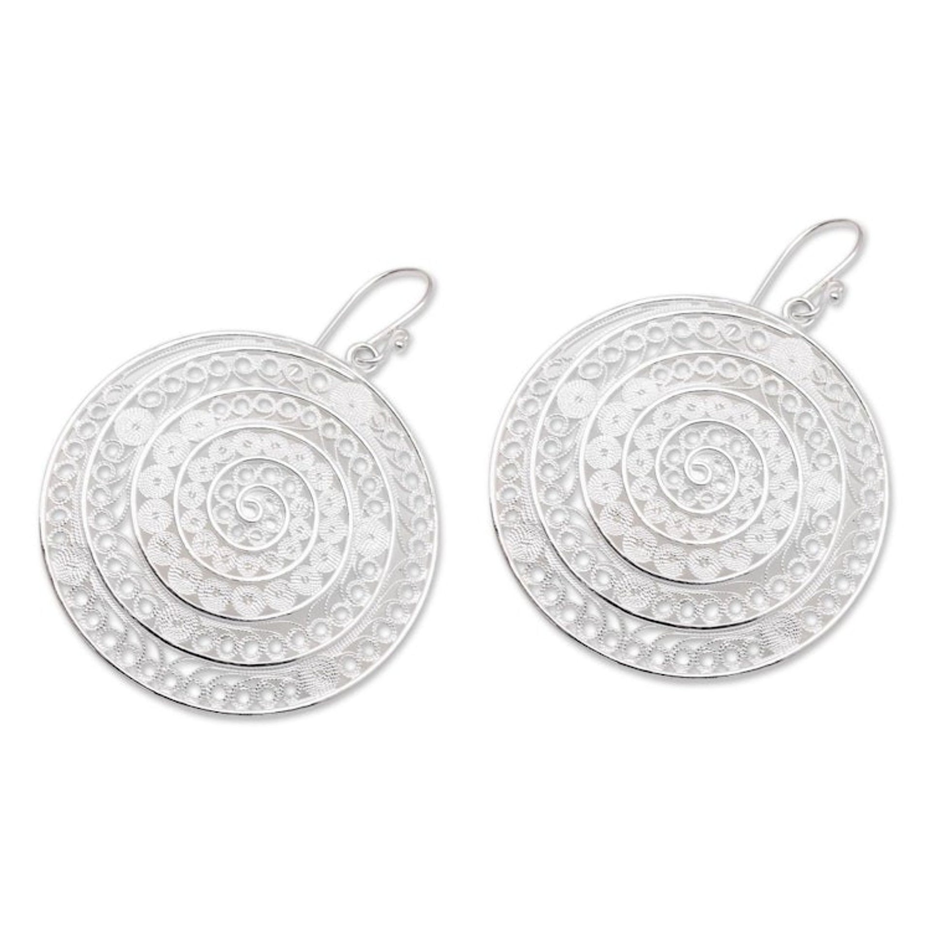 Circular Sterling Silver Filigree Dangle Earrings from Java 'Elegant Shields'