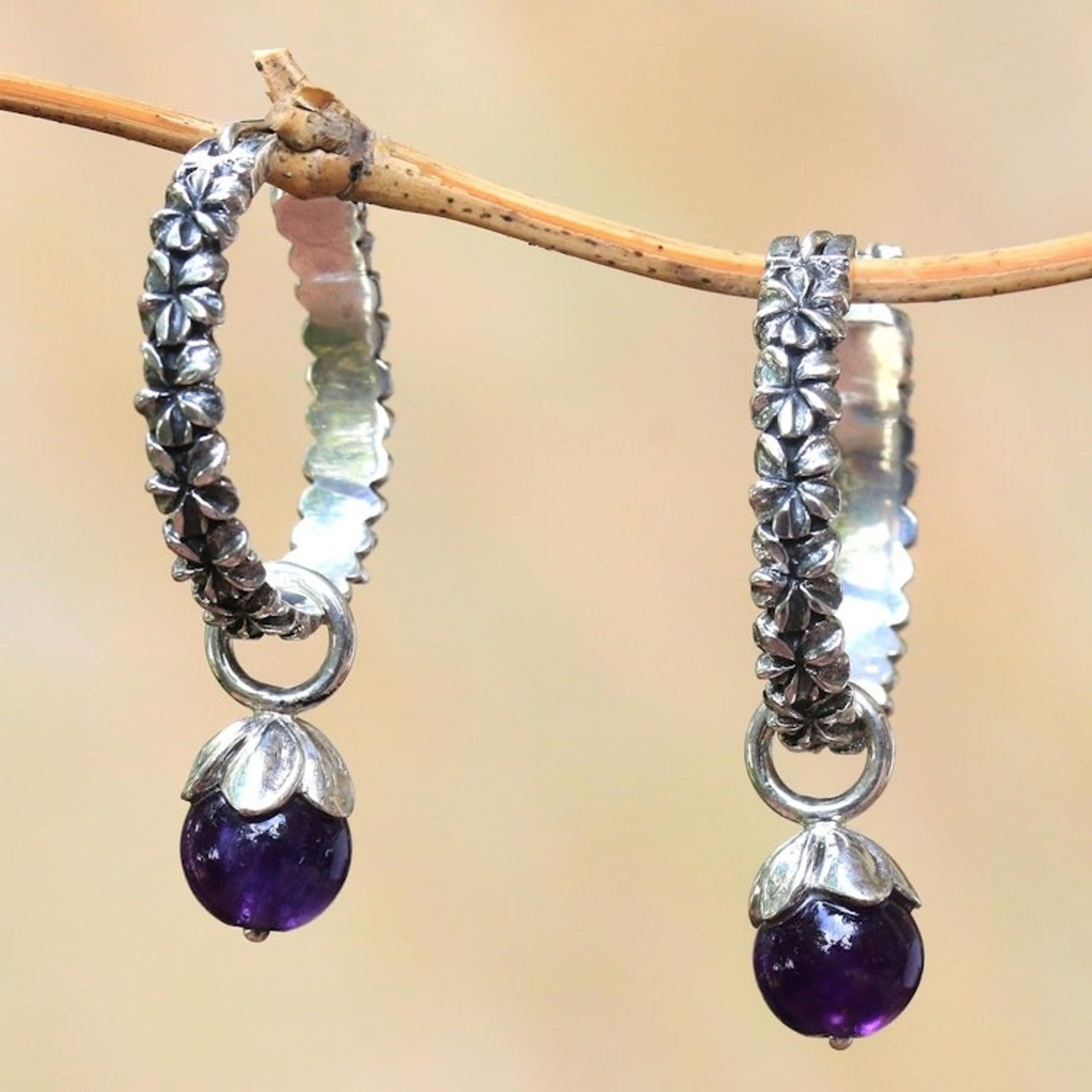 Amethyst and Sterling Silver Floral Motif Hoop Earrings 'Budding Spirit'