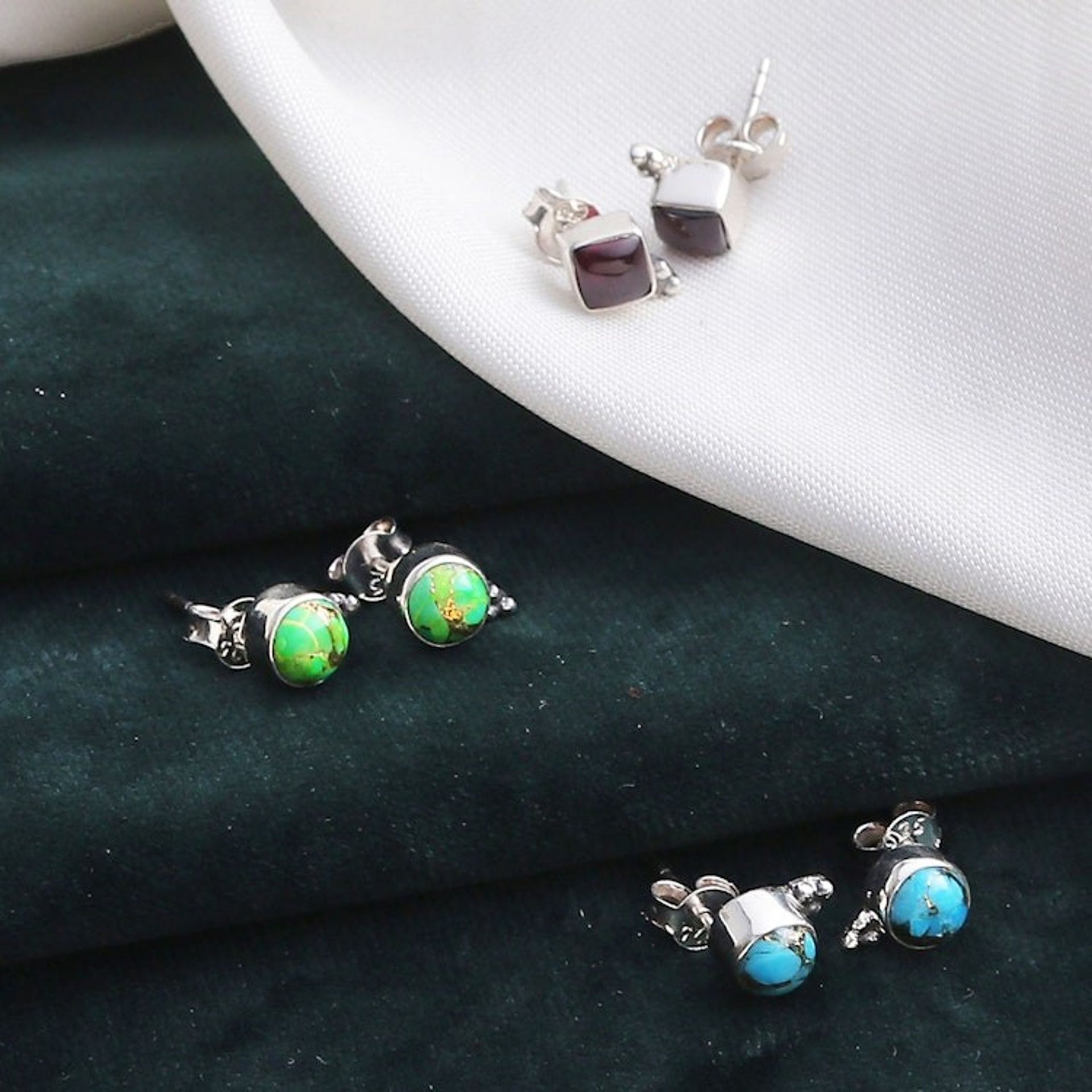 Set of 3 Composite Turquoise and Garnet Stud Earrings 'Primaveral Appeal'