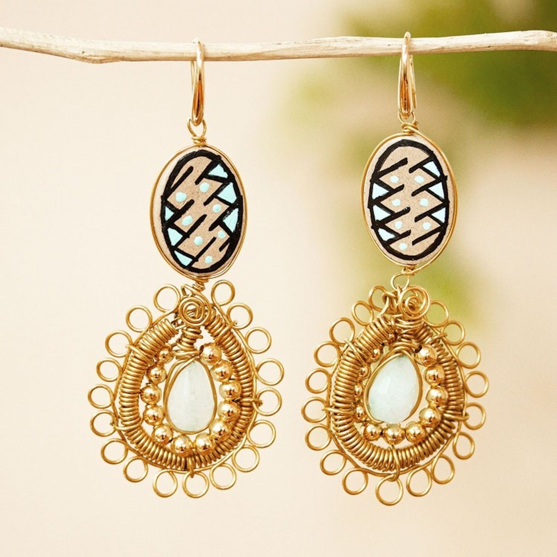 Handmade Gold Plated Earrings 'Mixed Media in Aqua'