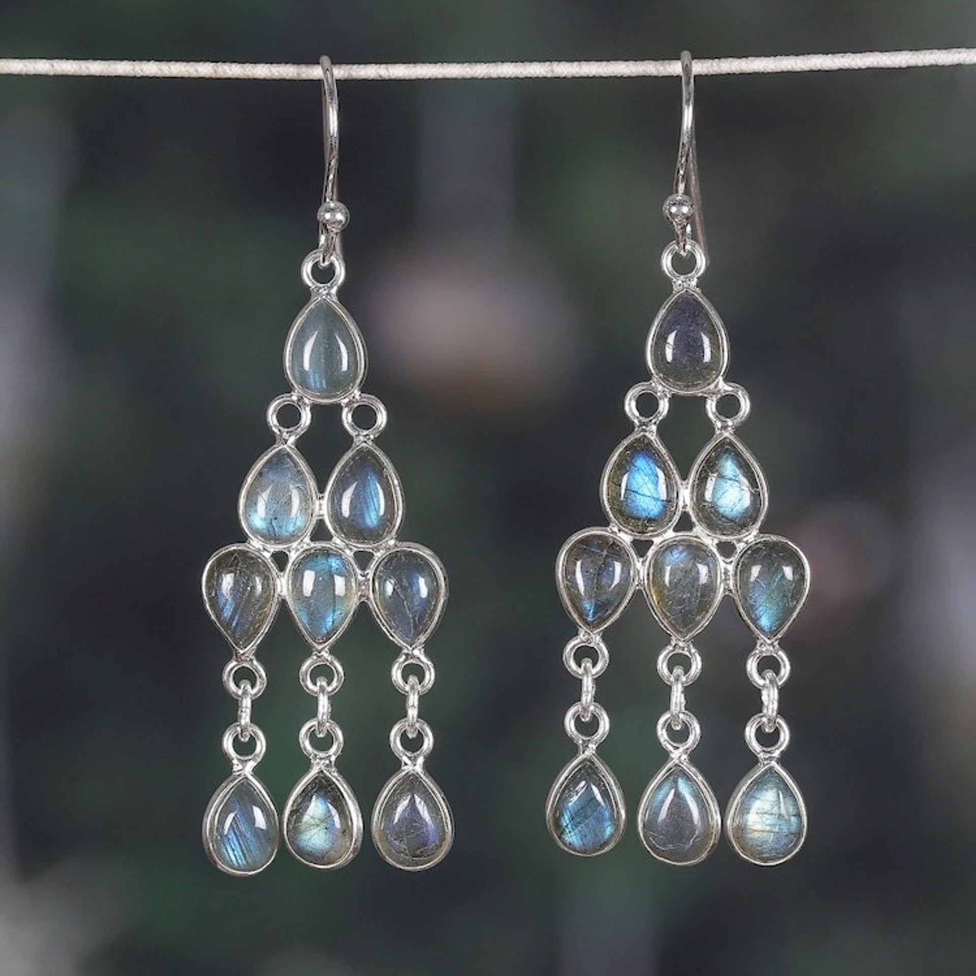Polished Natural Labradorite Cabochon Chandelier Earrings 'Mystic Cascade'