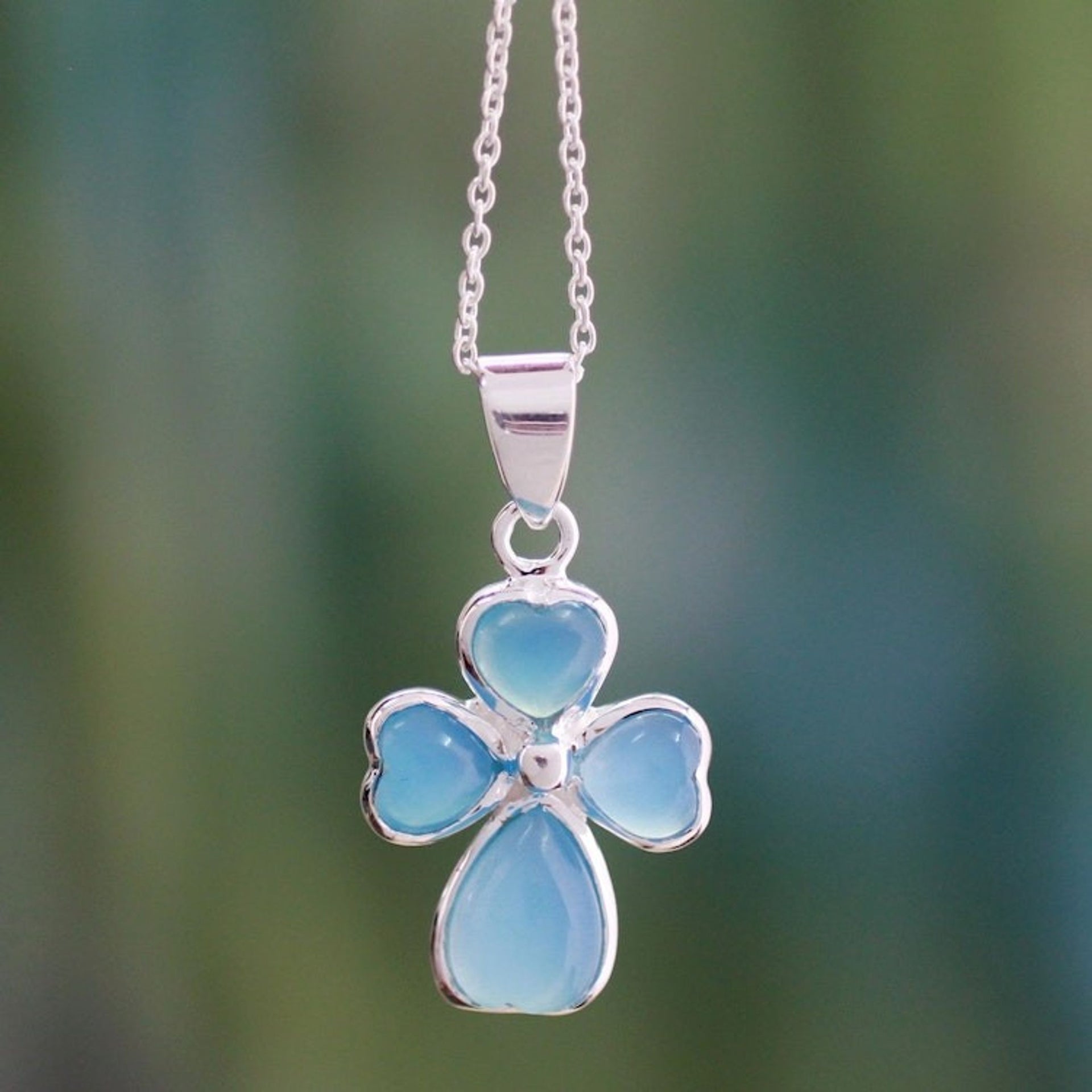 Indian Cross Sterling Silver and Chalcedony Necklace 'Heartfelt'