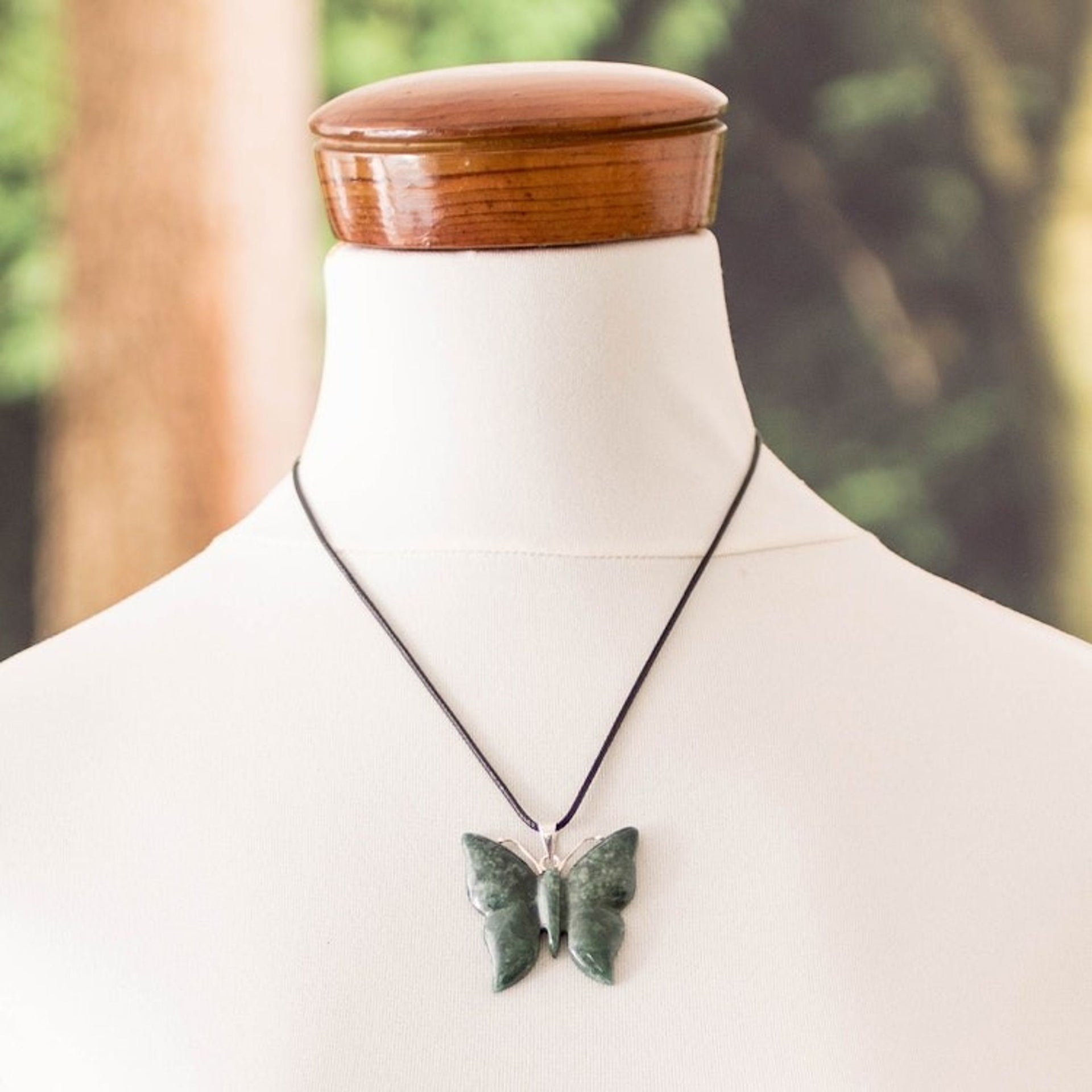 Light Green Jade Butterfly Pendant Necklace with Cotton Cord 'Butterfly Bliss'