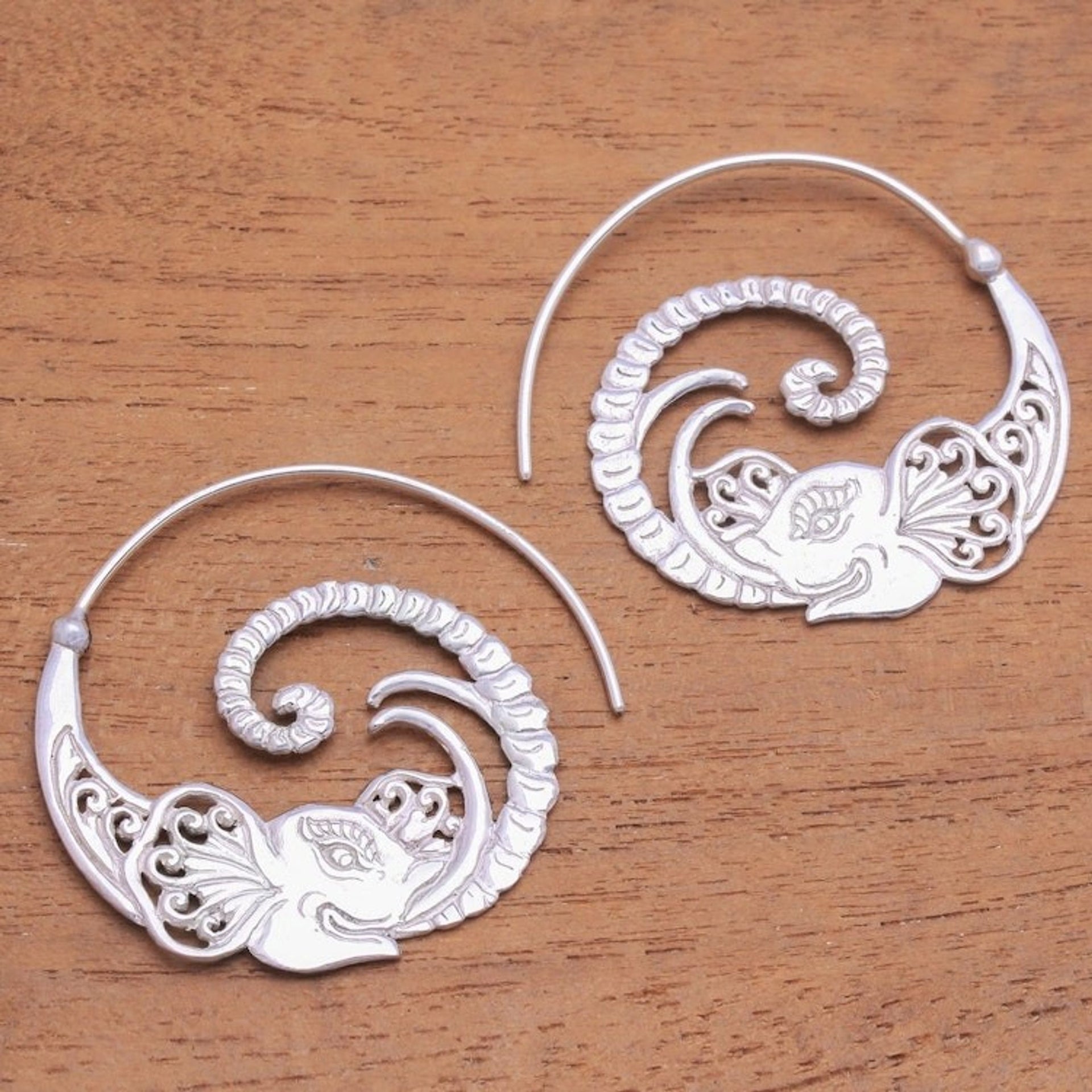 Sterling Silver Elephant Half-Hoop Earrings from Thailand 'Elephant Tendril'