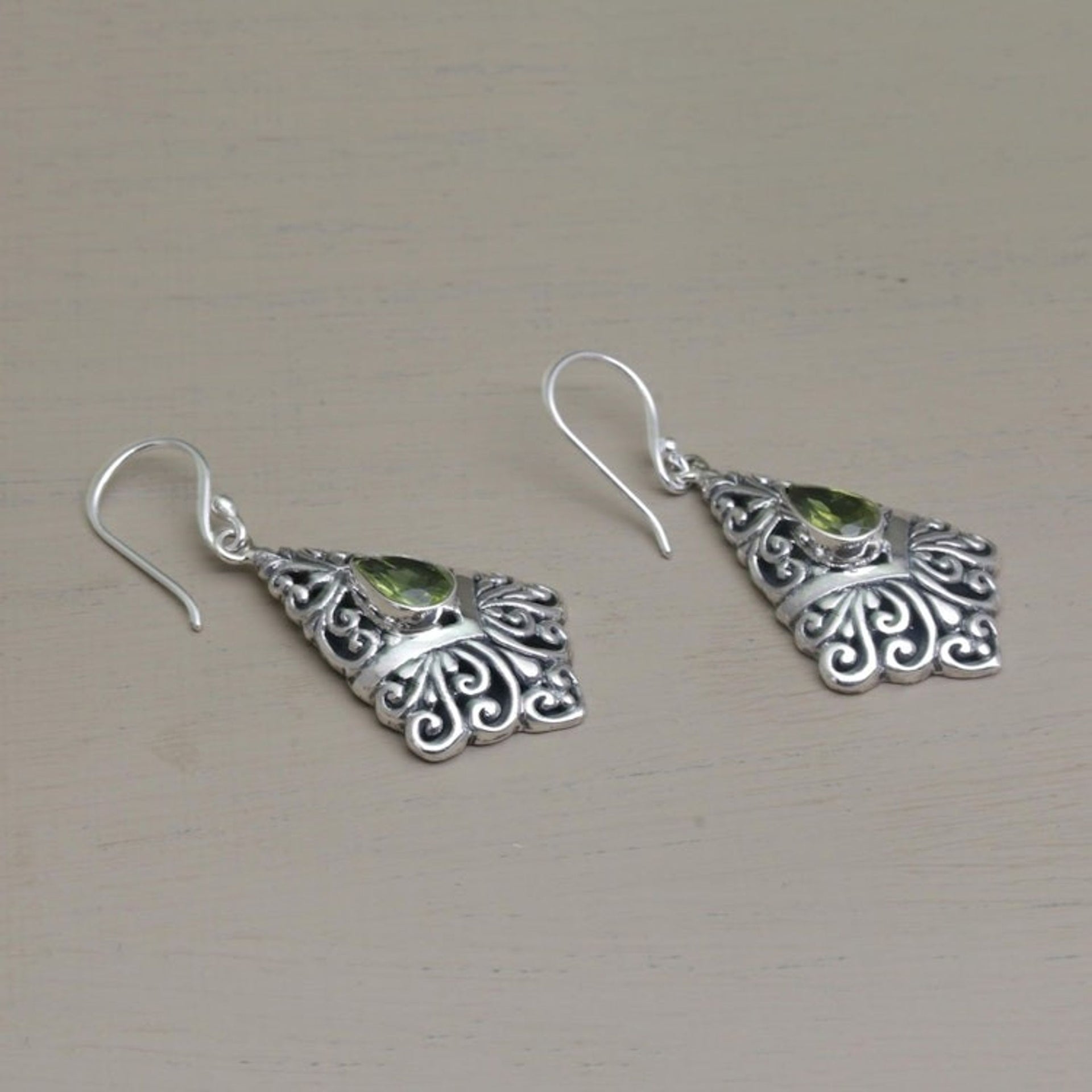 Peridot Dangle Earrings in Sterling Silver Settings 'Fanfare'